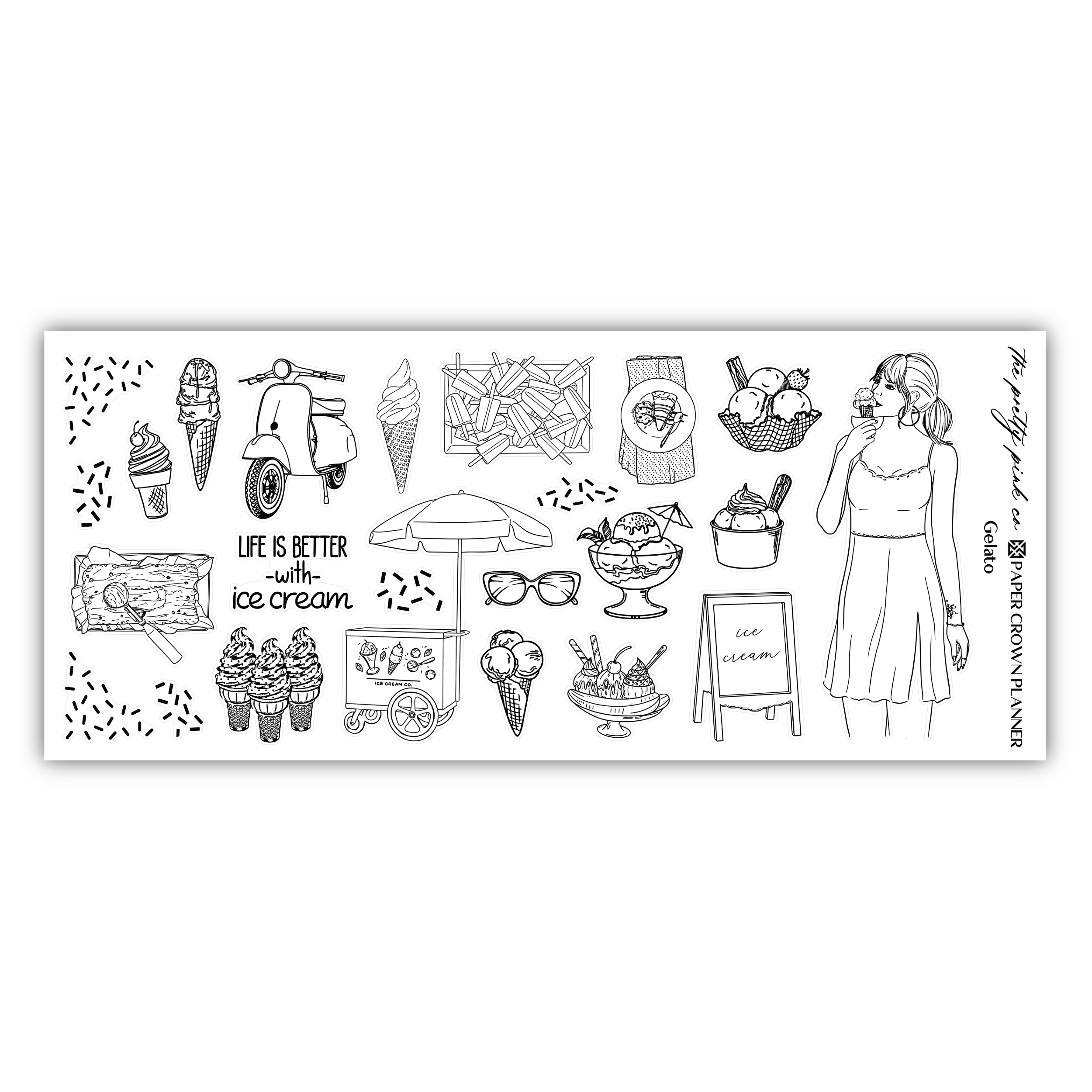 a rubber stamp with a woman and food items