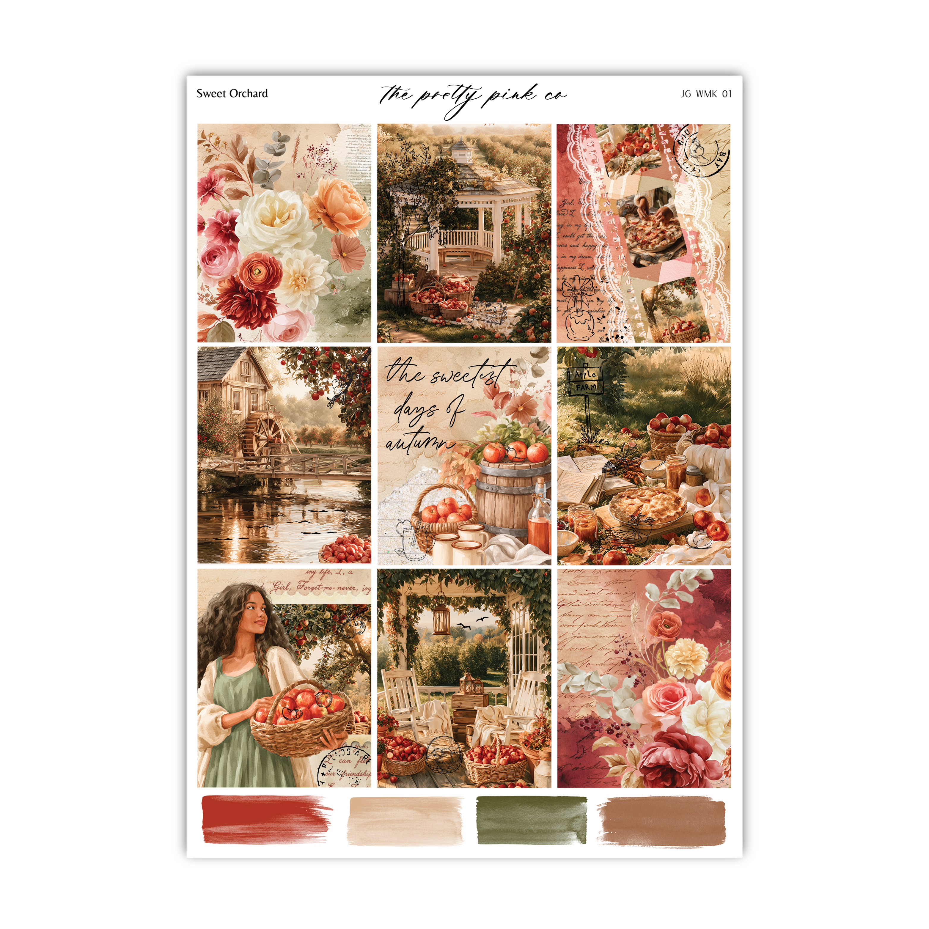 The image is a collage of nine different images, each depicting various scenes and objects, including a woman holding a basket of apples, a house, flowers, and other natural elements. The collage is titled "The pretty pink co" and includes a color palette of brown, green, and red.
