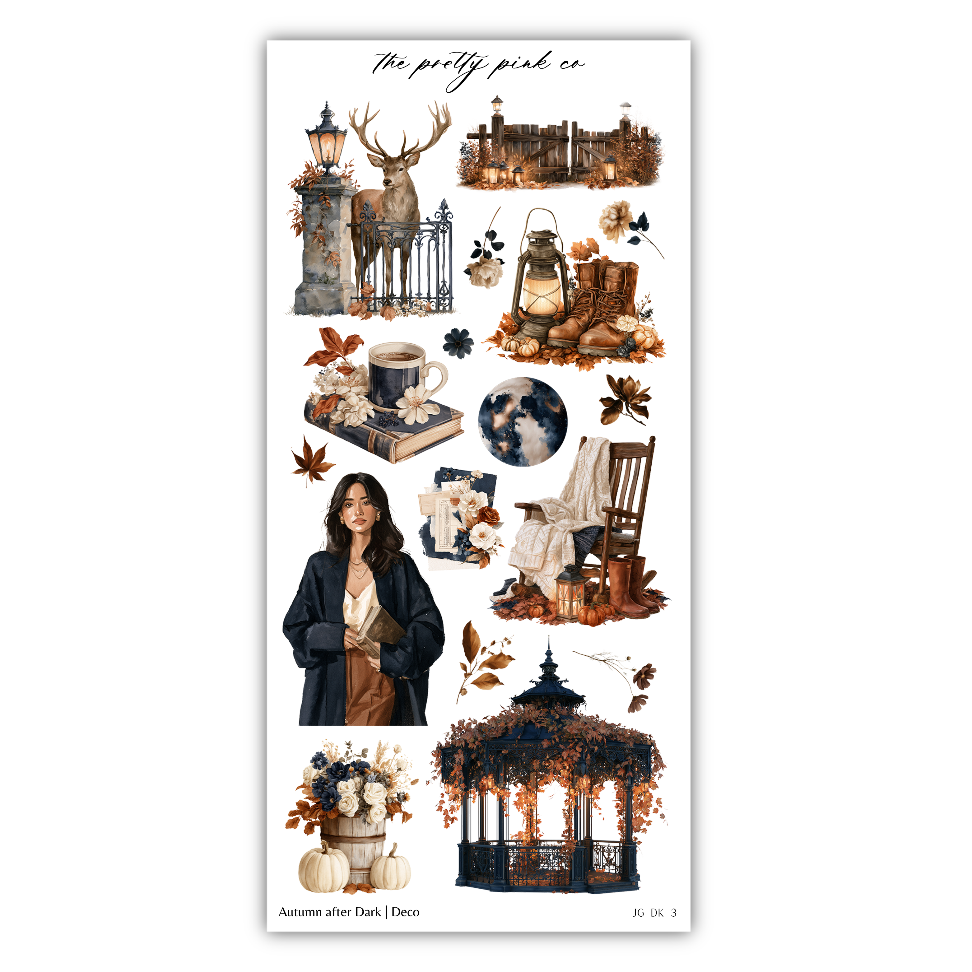 The image is a collage of various autumn-themed items, including a deer, lanterns, a gazebo, a woman, and other seasonal decorations.