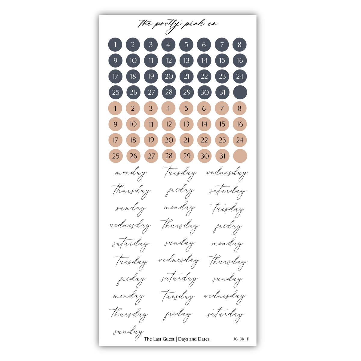 The image is a calendar with a grid of days and dates, and a separate section with a list of days and dates.