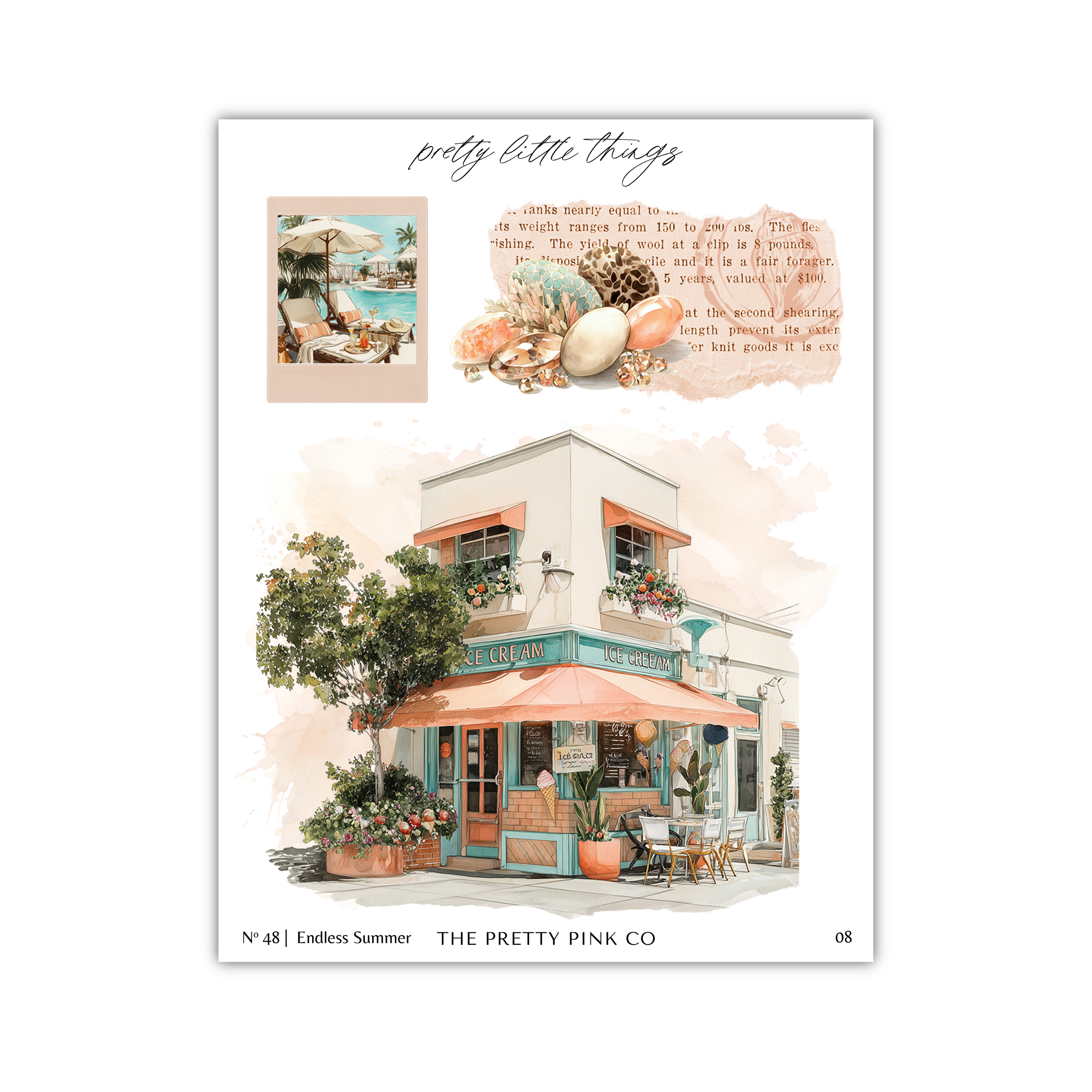 The image is a collage featuring a charming coastal-style building with a patio, surrounded by lush greenery and flowers. The collage includes a watercolor painting of a beach scene, a photograph of a seashell-filled basket, and a text overlay that reads "pretty little things" and "The beach is so beautiful. It's worth all the calories."