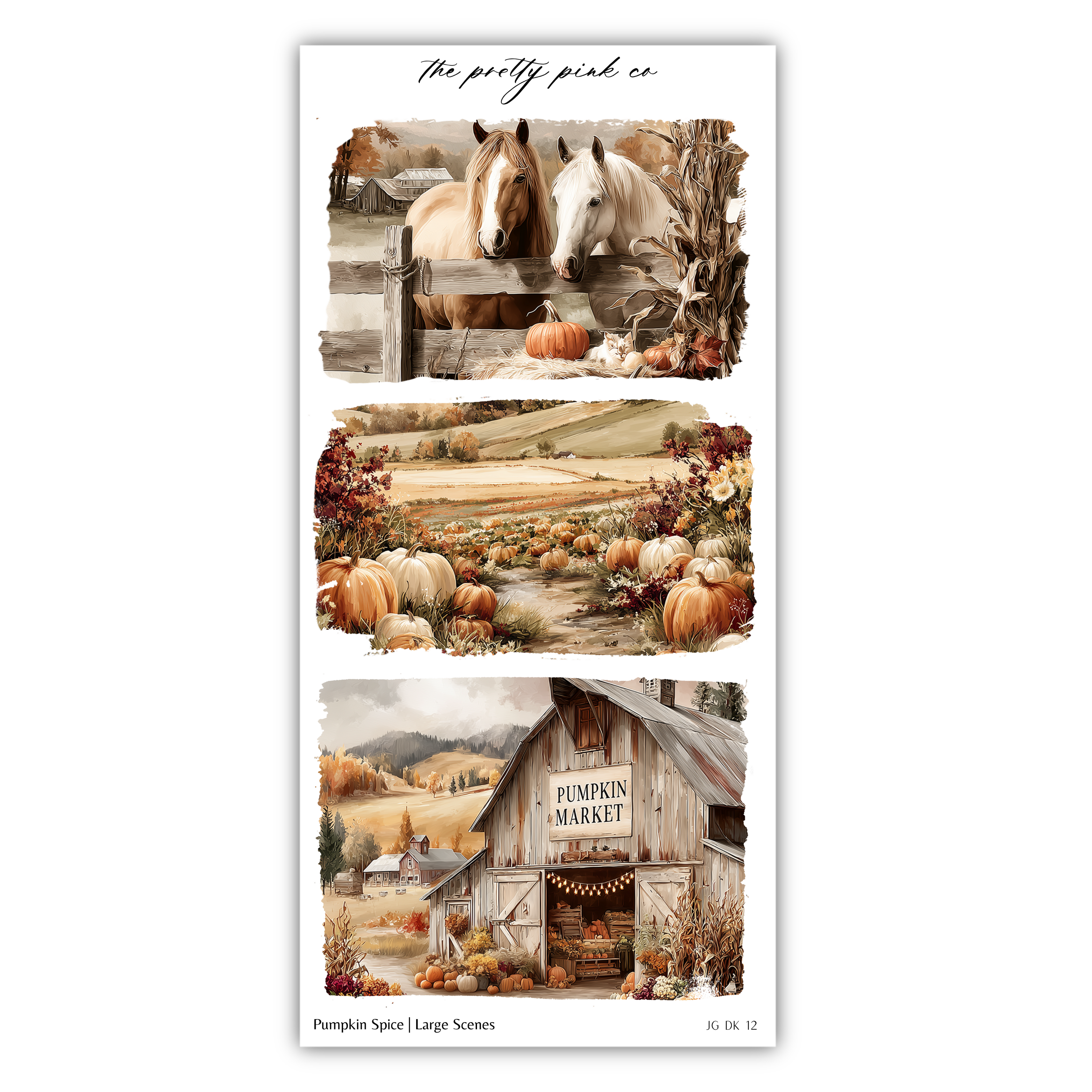 The image is a collage of three pictures depicting a rural autumn scene with horses, pumpkins, and a barn.