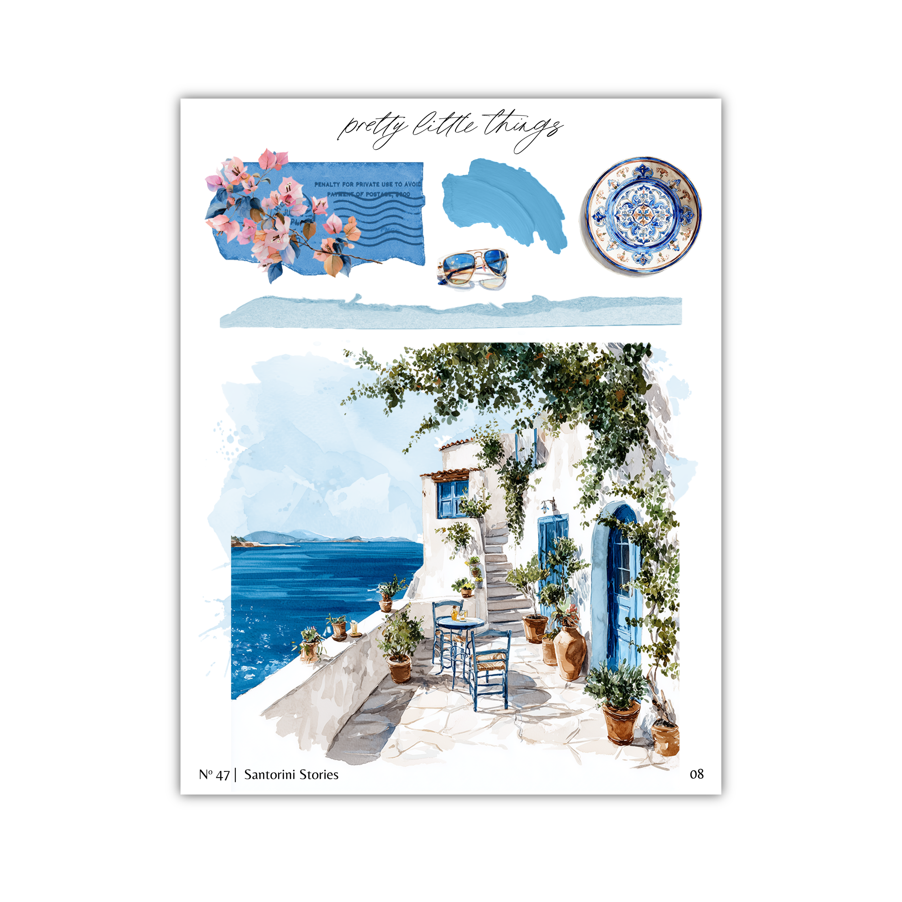 The image is a collage of two pictures depicting a seaside scene with a white building, blue door, and blue chairs, as well as a blue and white plate and a blue and white vase.