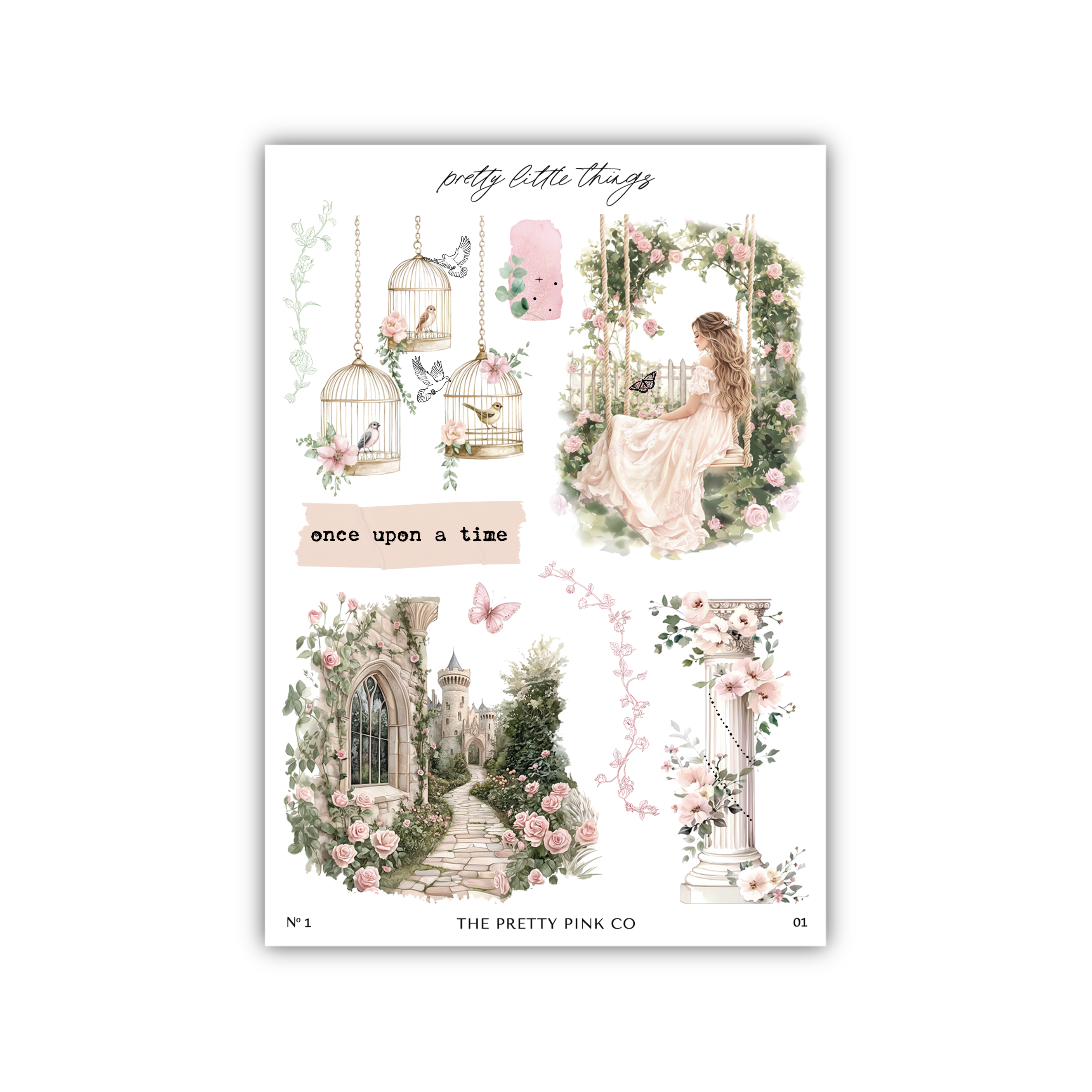 a sheet of paper with a picture of a girl and a birdcage