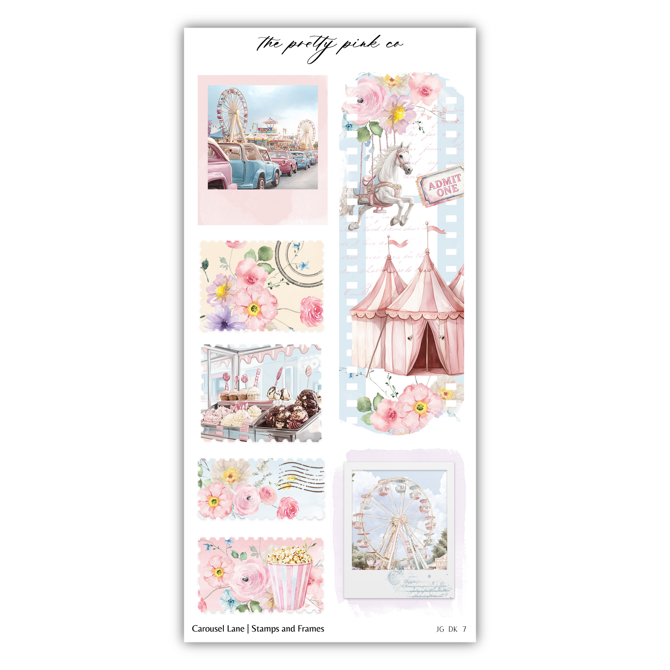 a sticker sheet with a carousel and flowers