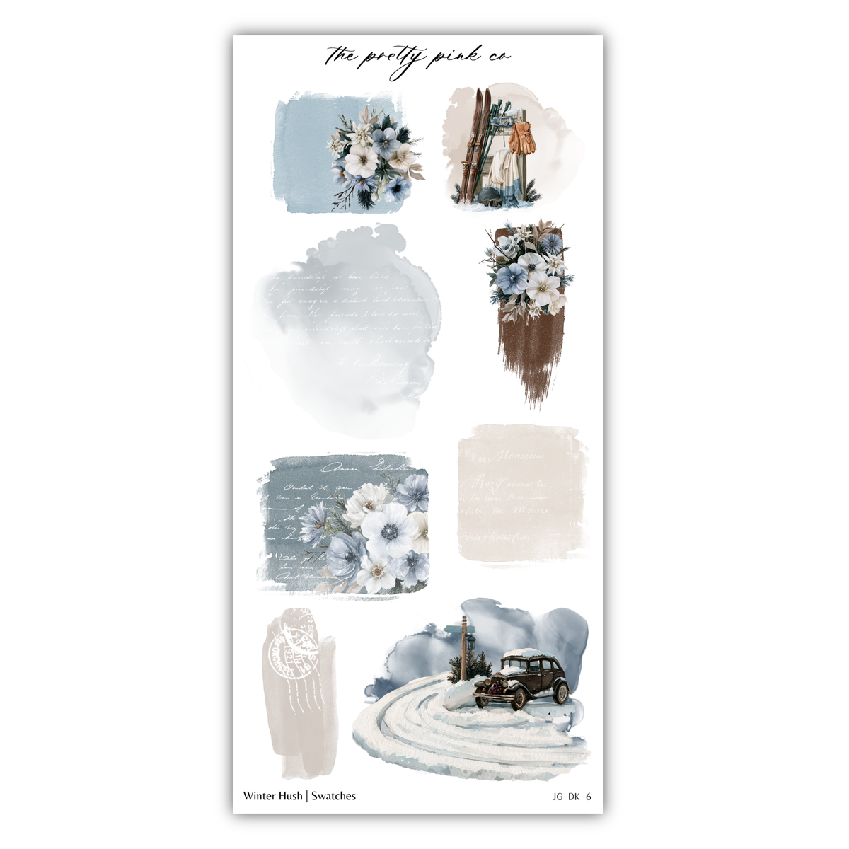 various watercolor-style illustrations and text, including floral designs, a car, and a snowy landscape. The text "The pretty pink co" is visible, and the image is described as a "collage of multiple images" and "a collection of watercolor illustrations".