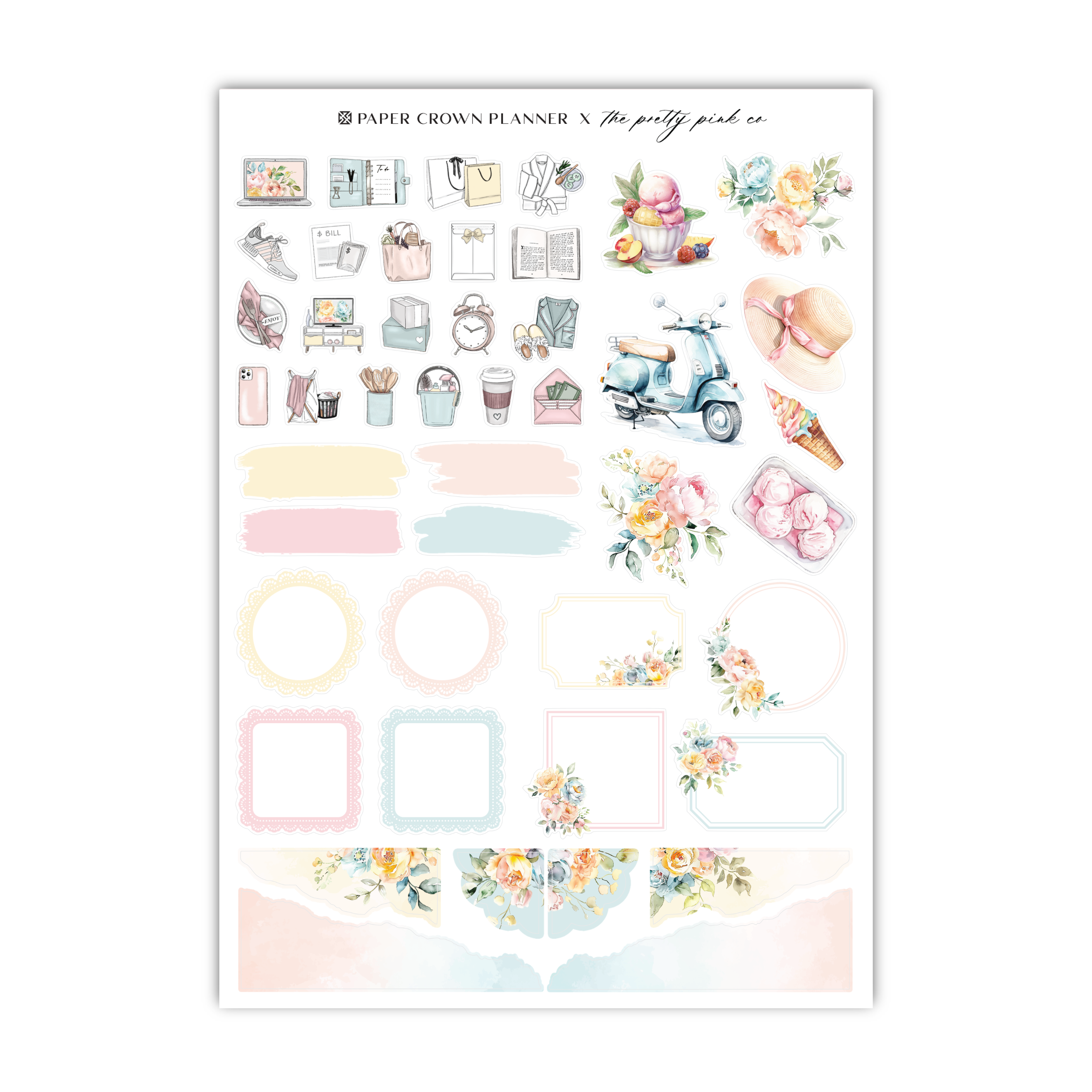 a sticker sheet with flowers and pictures on it