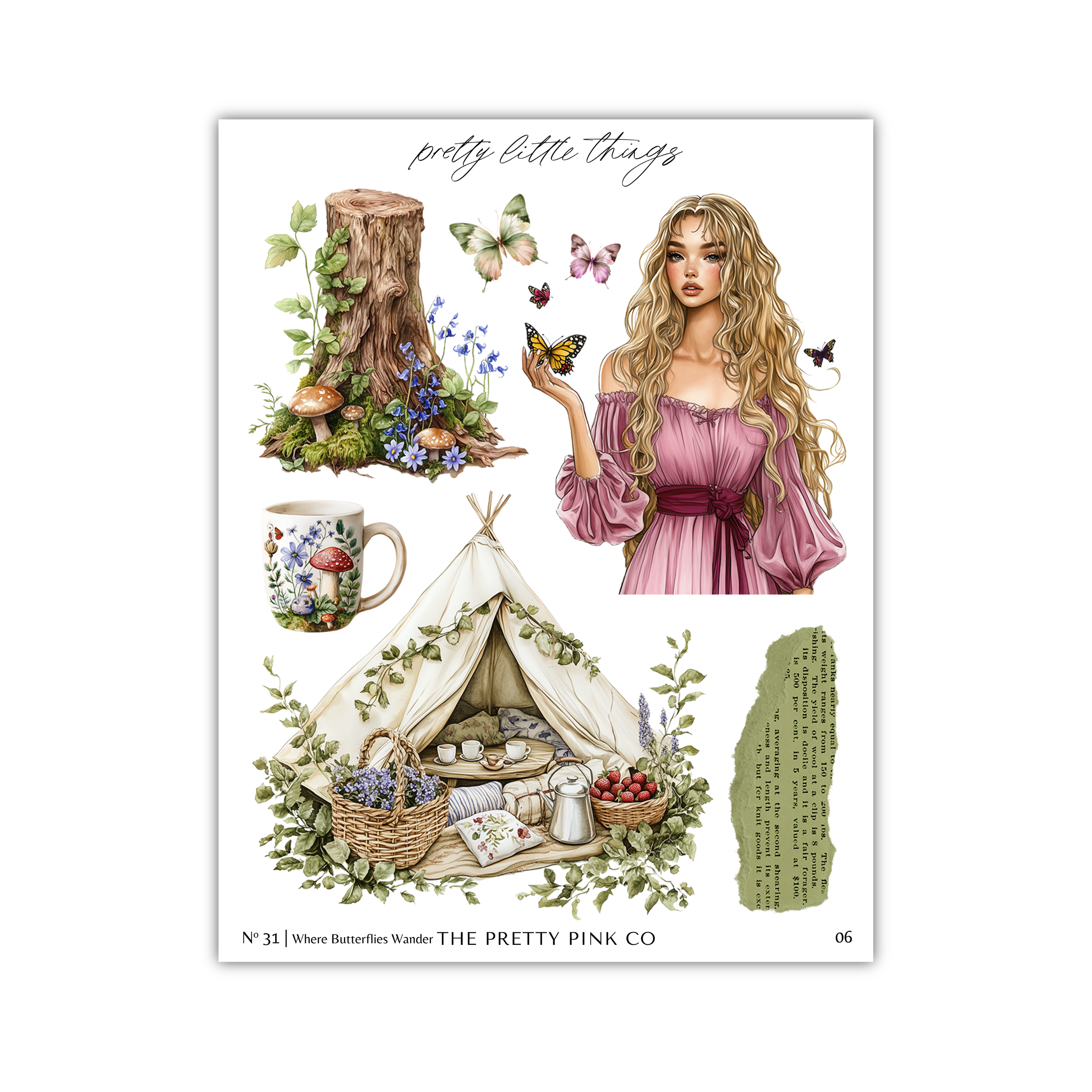 The image is a collage of various elements, including a woman with long blonde hair, a tent, flowers, mushrooms, and butterflies.