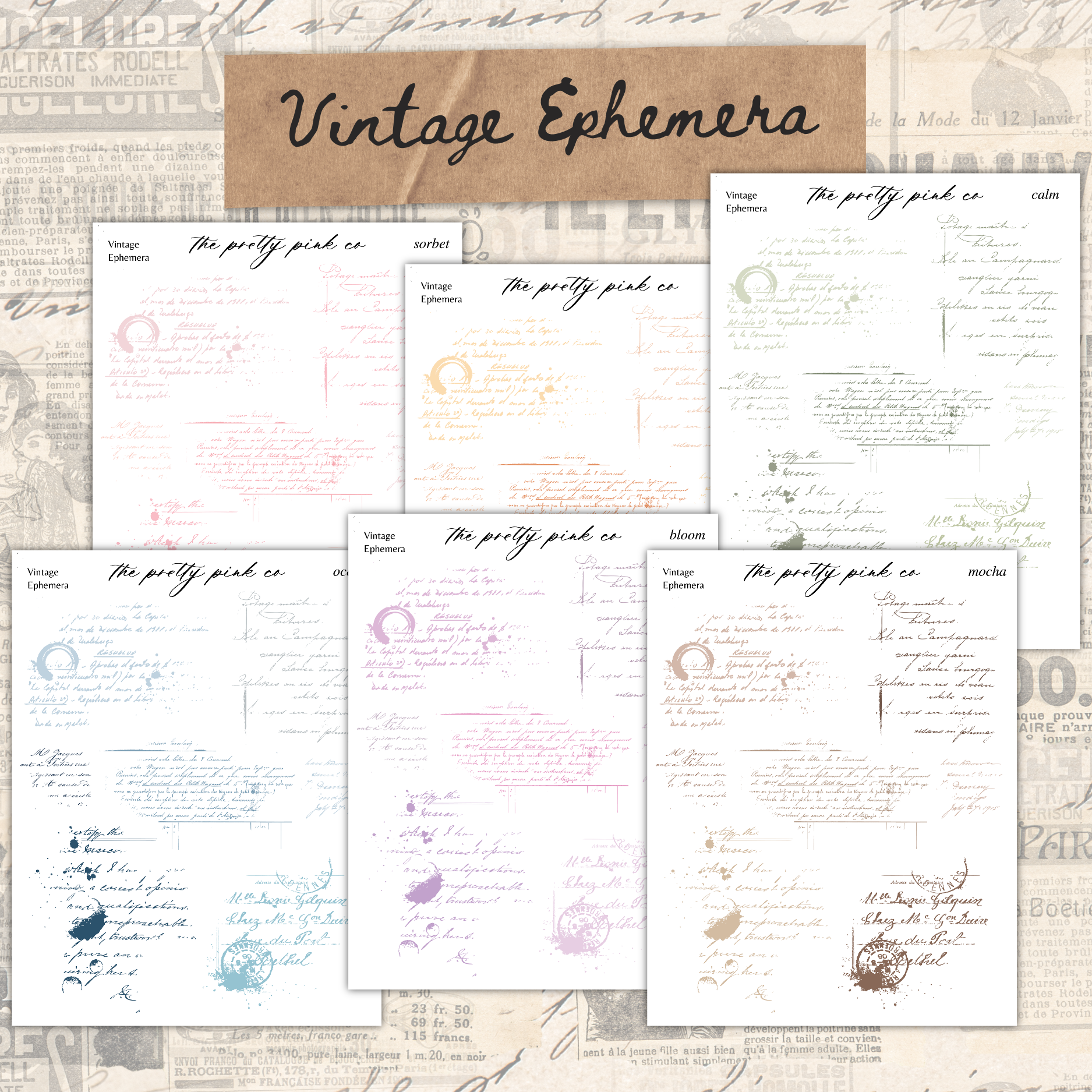 a collage of vintage Ephemera sheets, each with handwritten text and various colored ink stains. The sheets are arranged in a grid-like pattern, with each sheet featuring a different color and style of writing. The text on the sheets appears to be handwritten and includes phrases such as "The pretty pink co" and "The pretty pink co" written in different colors. The overall layout and content of the image suggest it is a collection of vintage Ephemera sheets.