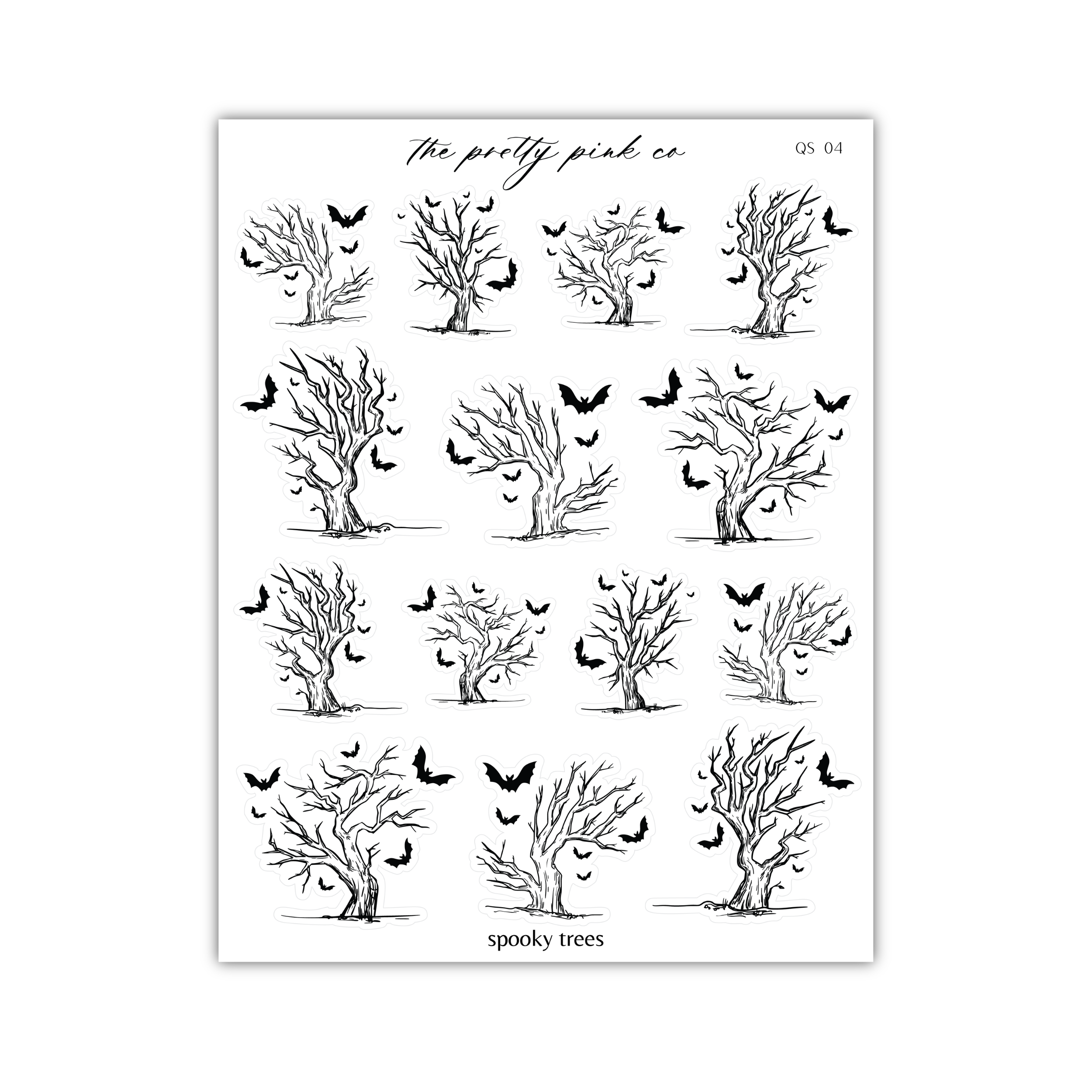 a sheet of black and white stickers with trees and birds