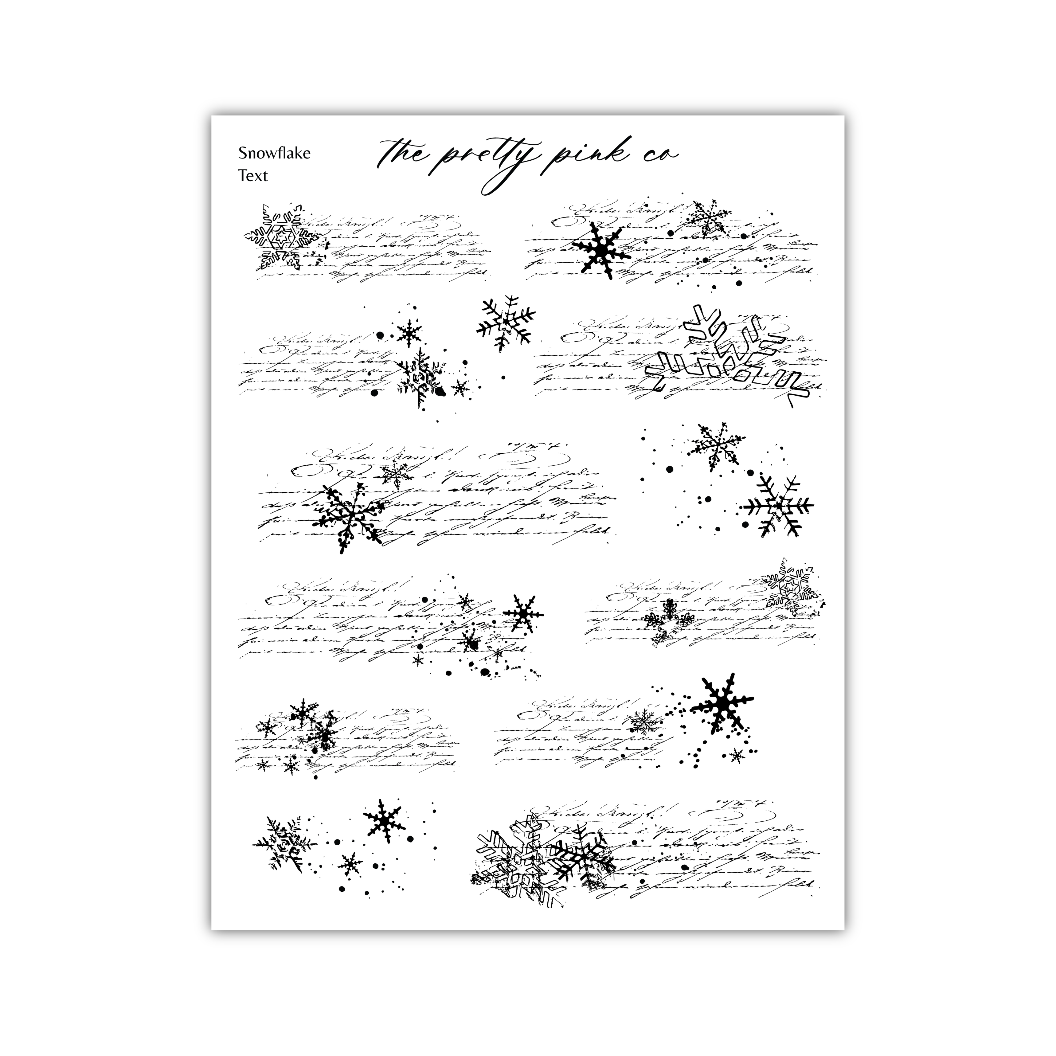 a collection of black and white illustrations of snowflakes, each accompanied by handwritten text. The text appears to be in a cursive or script font, and it is scattered throughout the image, creating a visually interesting and textured composition. The image does not contain any specific objects or actions, and the focus is on the combination of the snowflakes and the handwritten text.