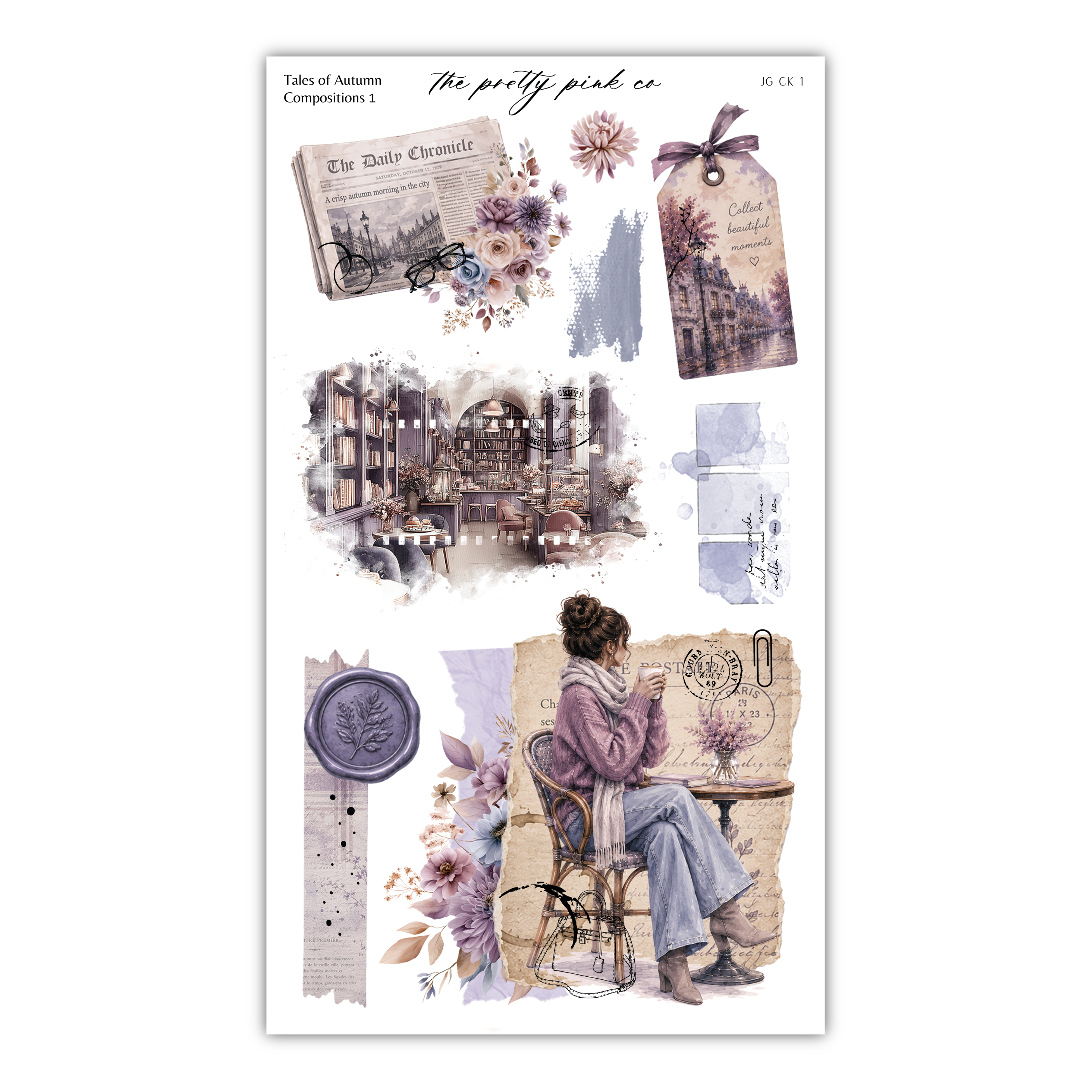 The image is a collage of various artistic elements, including a woman sitting at a table, a newspaper, flowers, and a bicycle. The collage appears to be a creative and visually appealing composition.