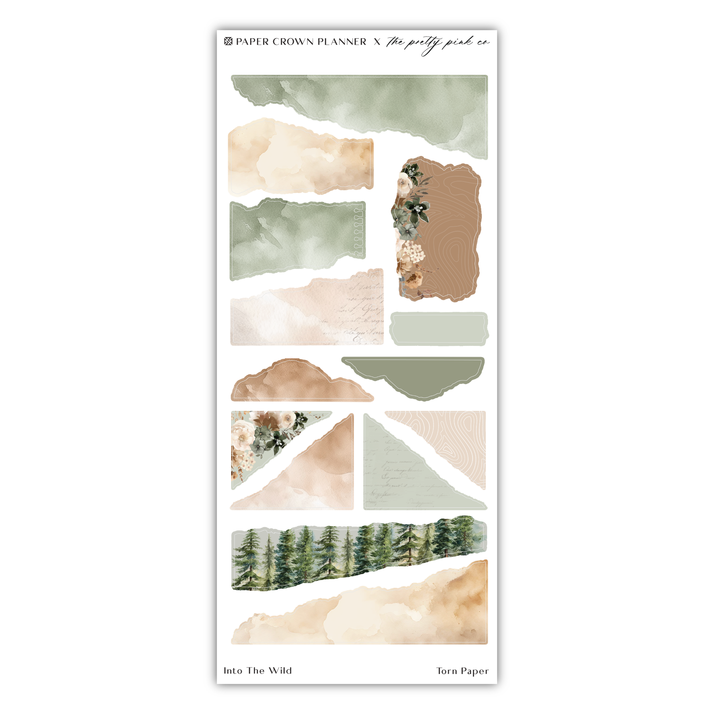 a sticker sheet with watercolor trees and mountains