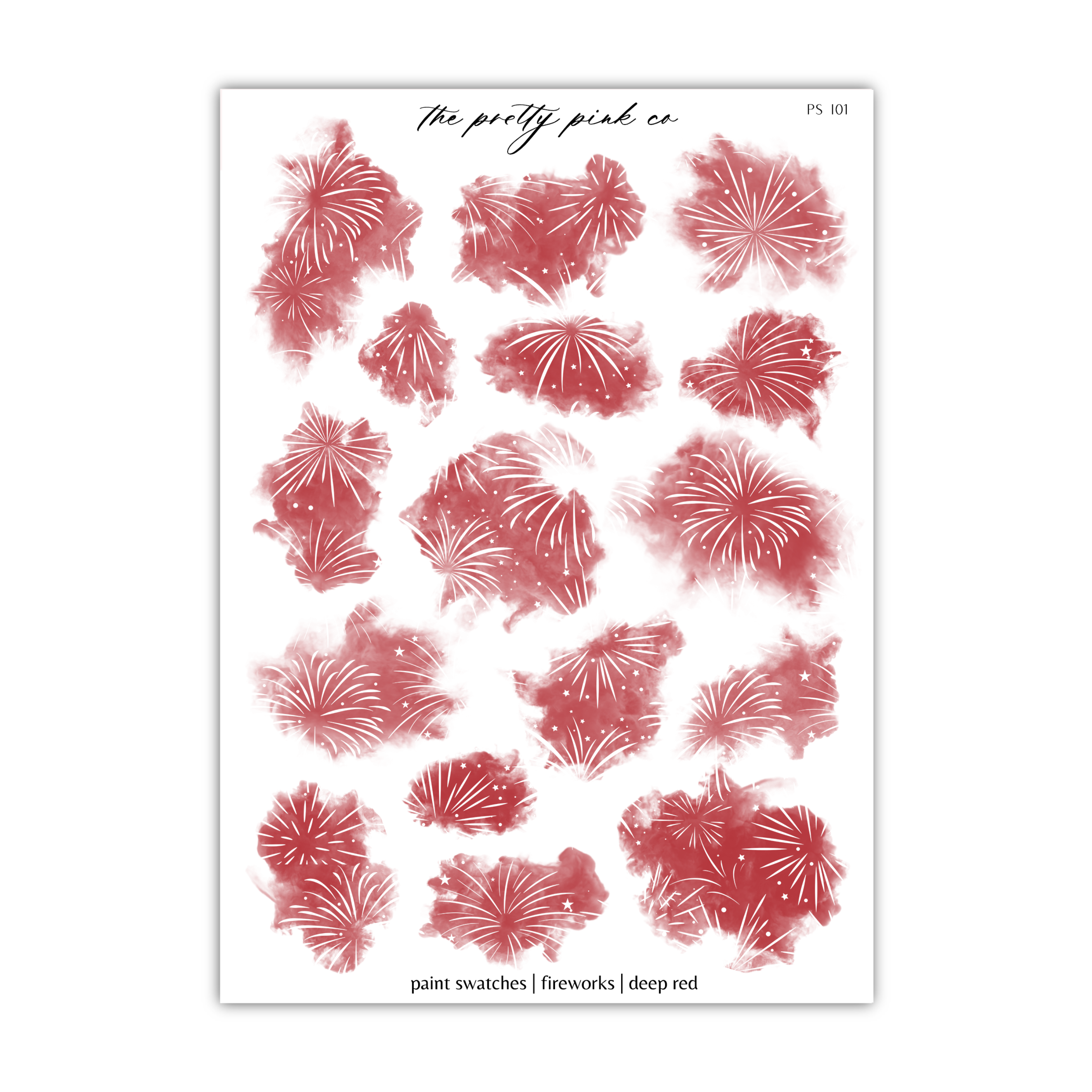 a sheet of red and white paper with fireworks on it