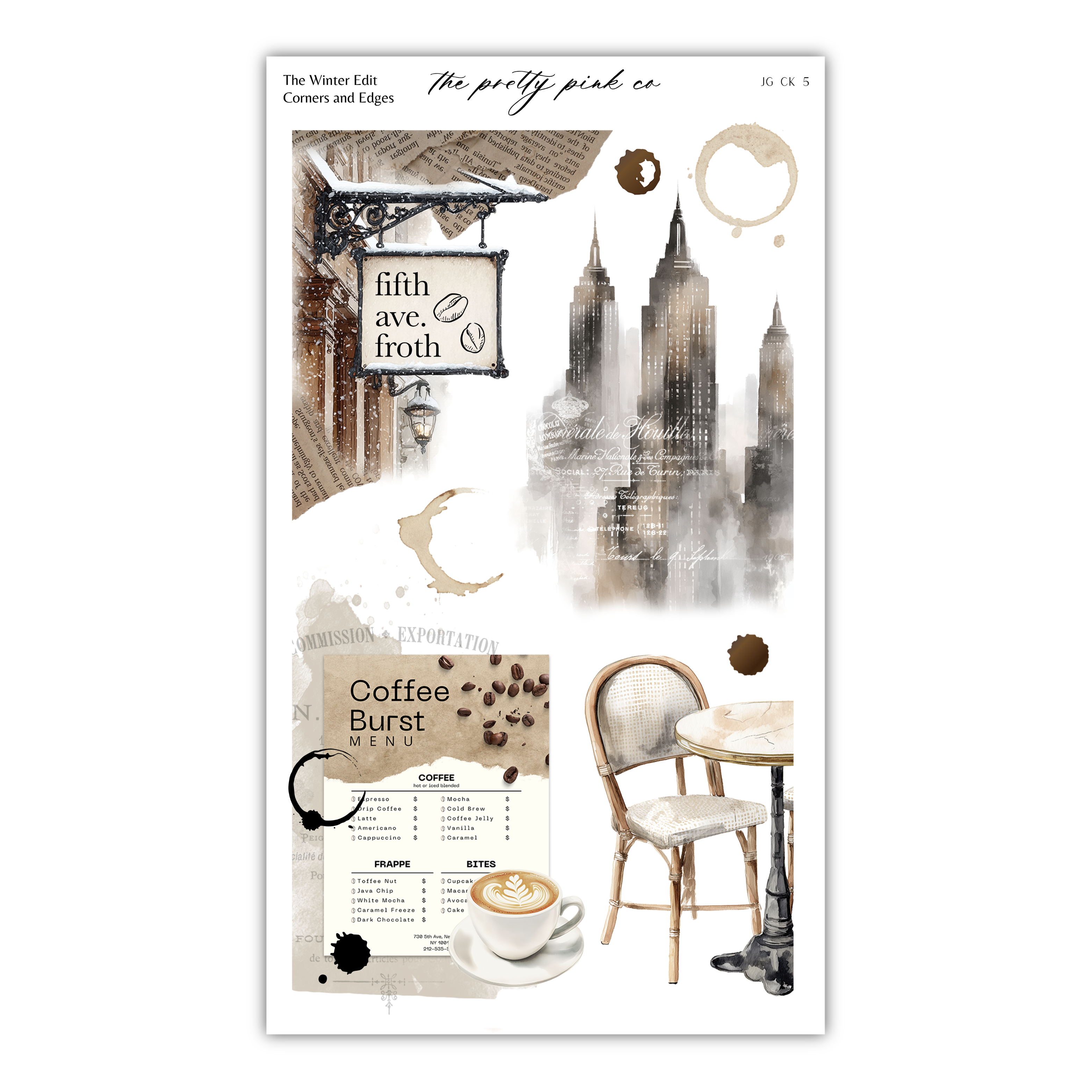 The image is a collage of various elements related to coffee, including a sign for "The Winter Edit Corner and Edges", a coffee cup, a chair, and a menu.