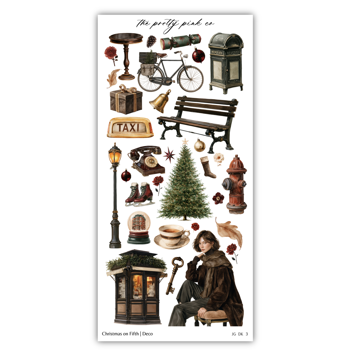 The image is a collage of various objects and scenes, including a bicycle, a post office, a Christmas tree, a bench, a fire hydrant, a person, and other holiday-themed items.