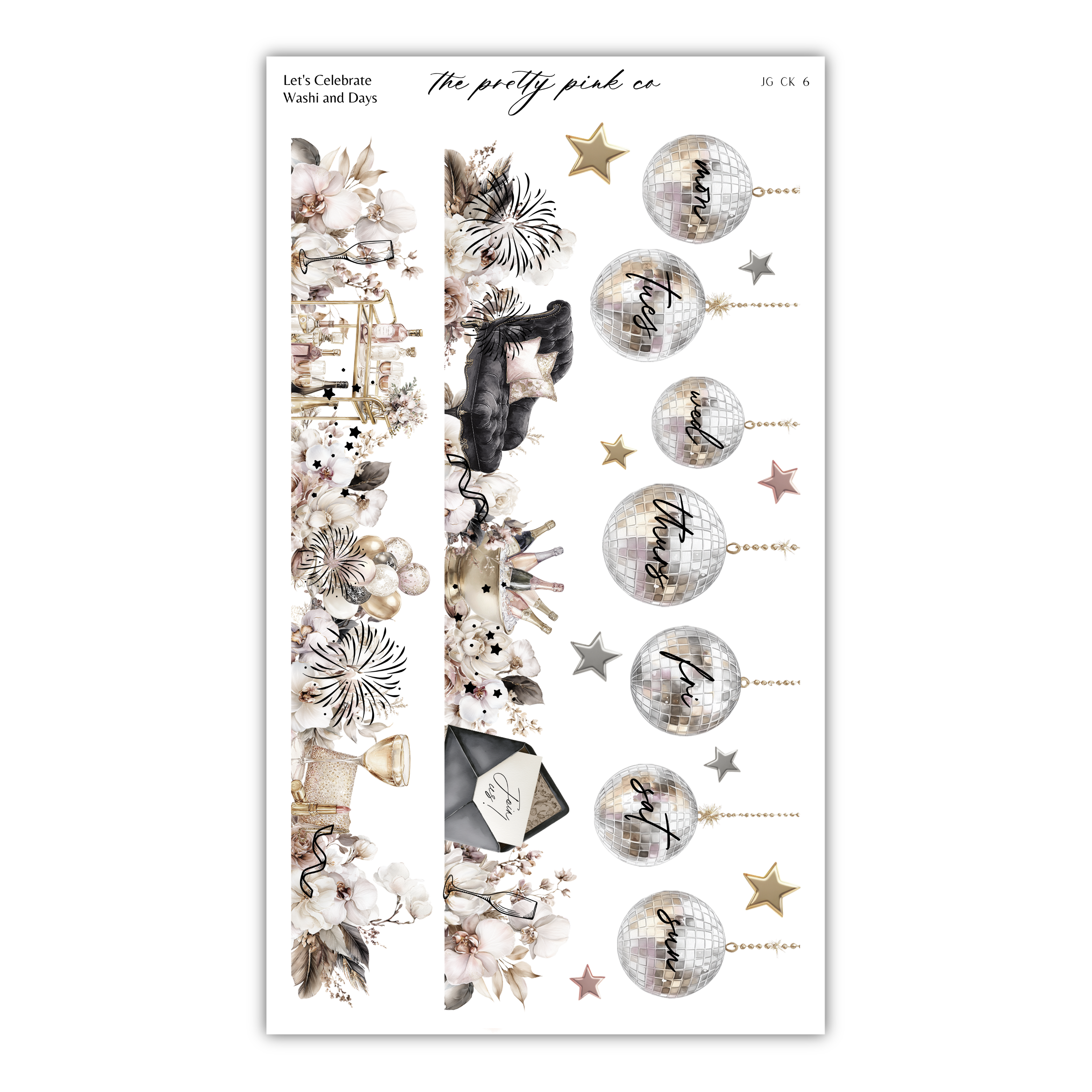 The image is a collage of various decorative elements, including flowers, disco balls, and stars, arranged in a visually appealing manner.