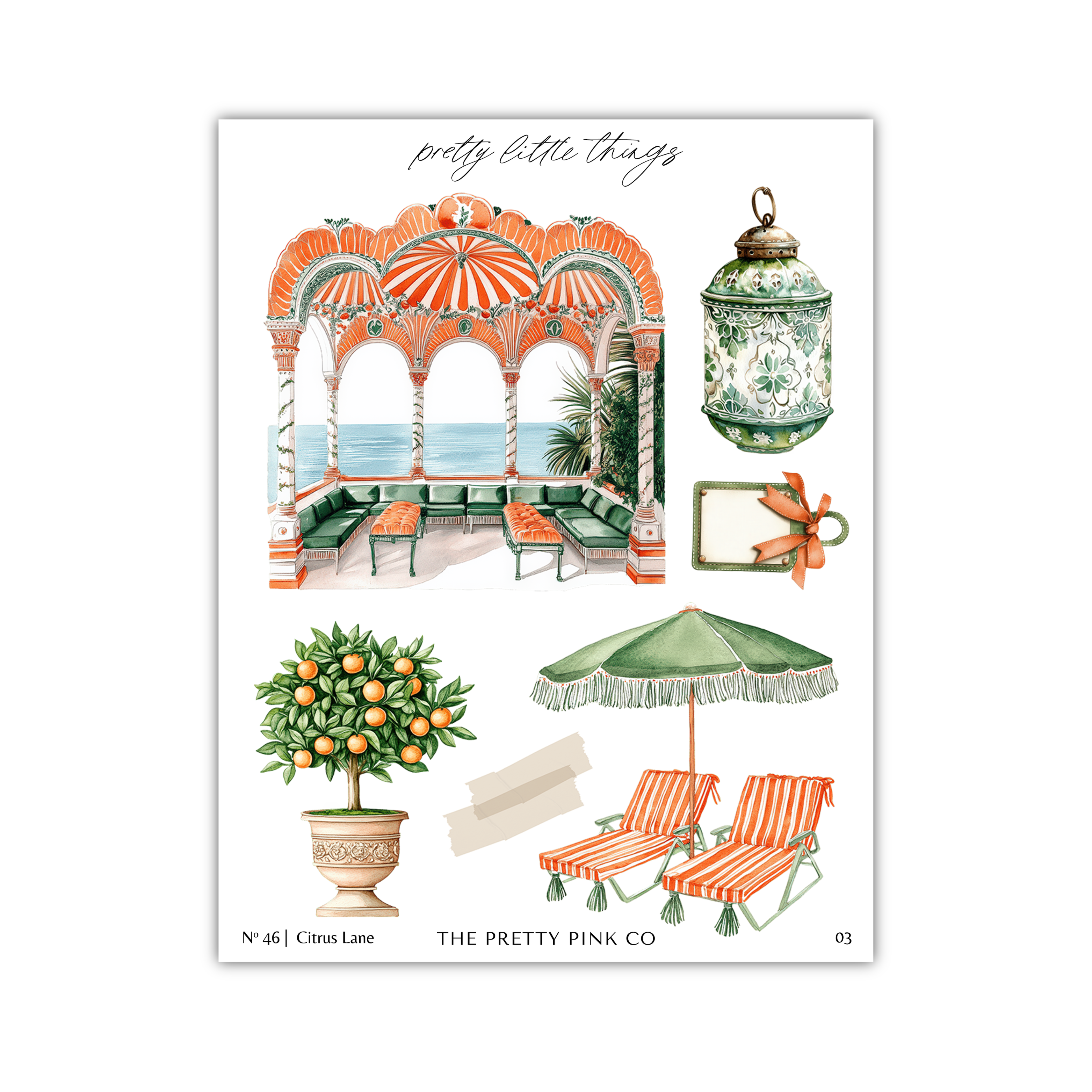 The image is a collage of various objects and scenes, including a red and white striped umbrella, a potted plant with oranges, a decorative archway, a green and white vase, a green and white striped chair, and a green and white striped umbrella.
