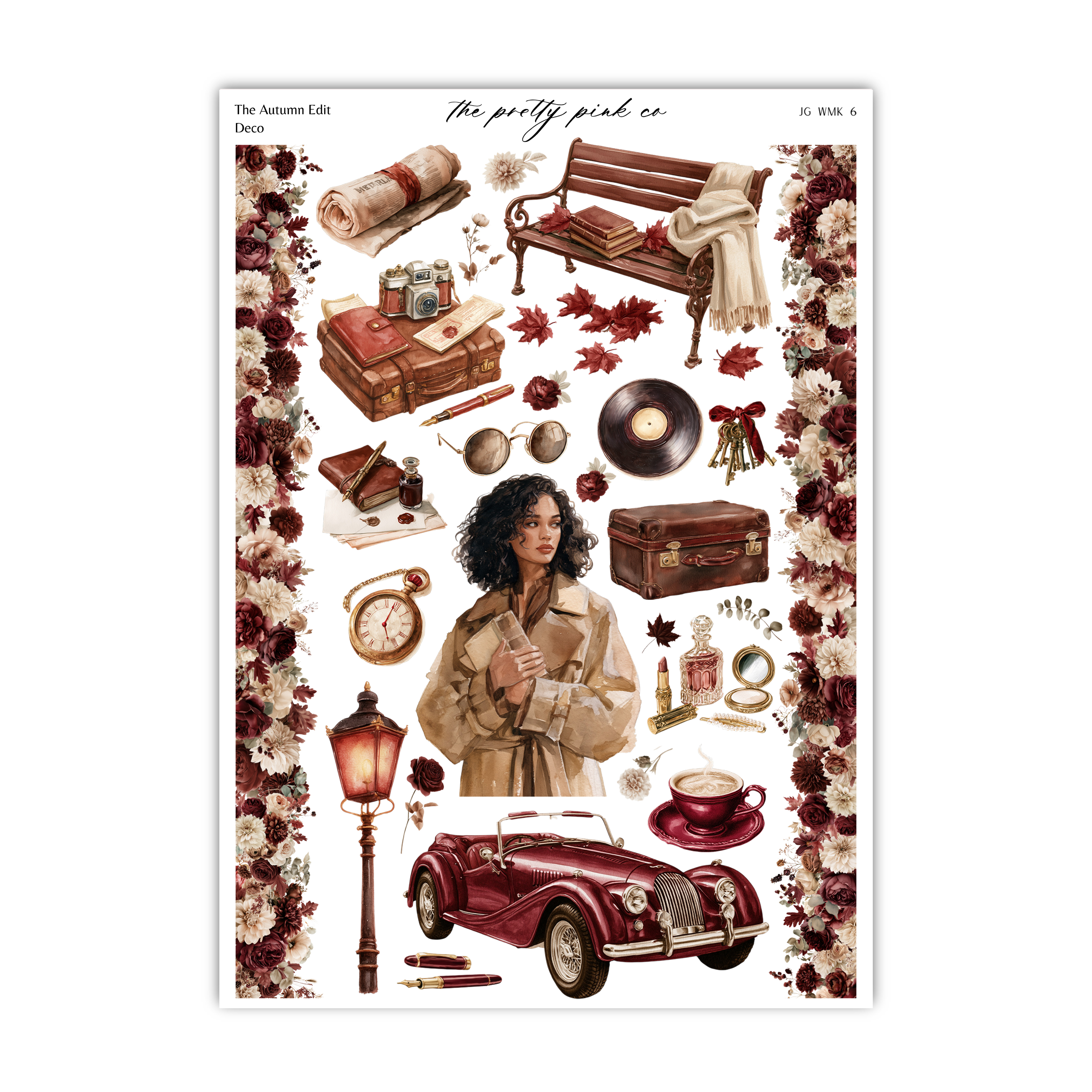 The image is a collage of various objects and scenes, including a woman in a coat, a vintage car, a bench, a lamp, a suitcase, a camera, a book, a clock, a vase, a cup, and a flower.