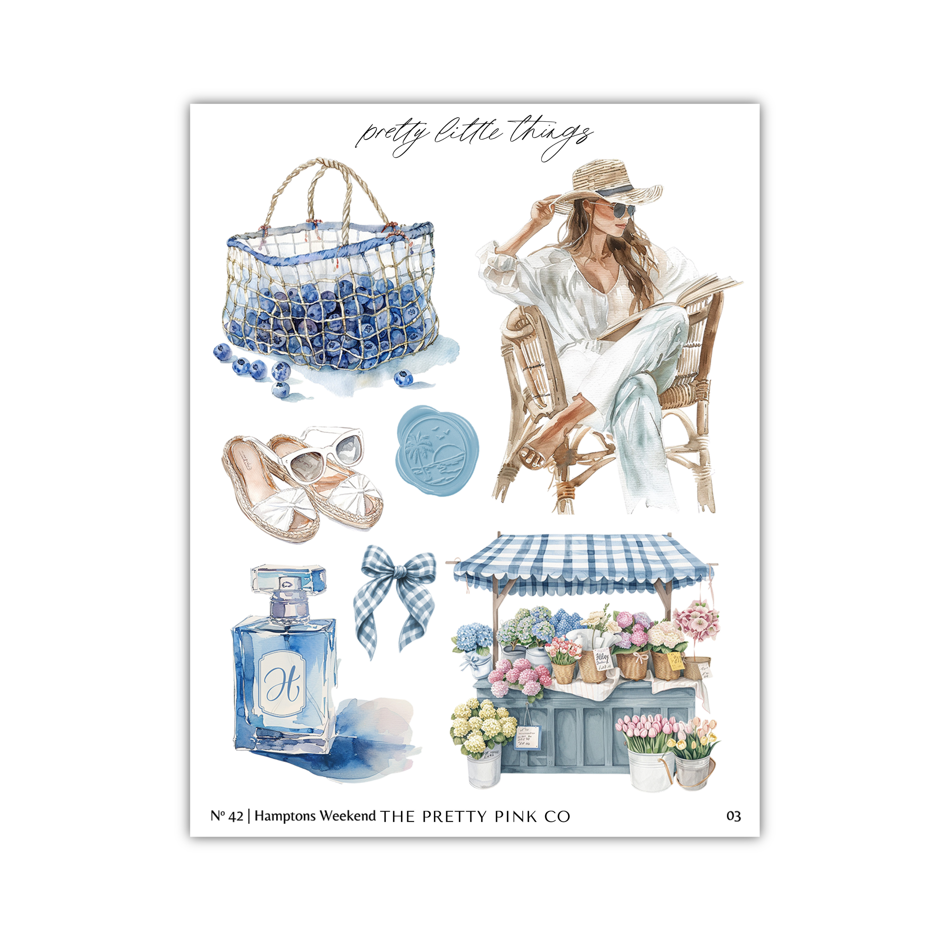 The image is a collage of various illustrations related to the theme of "pretty little things". It includes a woman sitting in a chair, a handbag, sunglasses, a bottle of perfume, flowers, and a market stall.