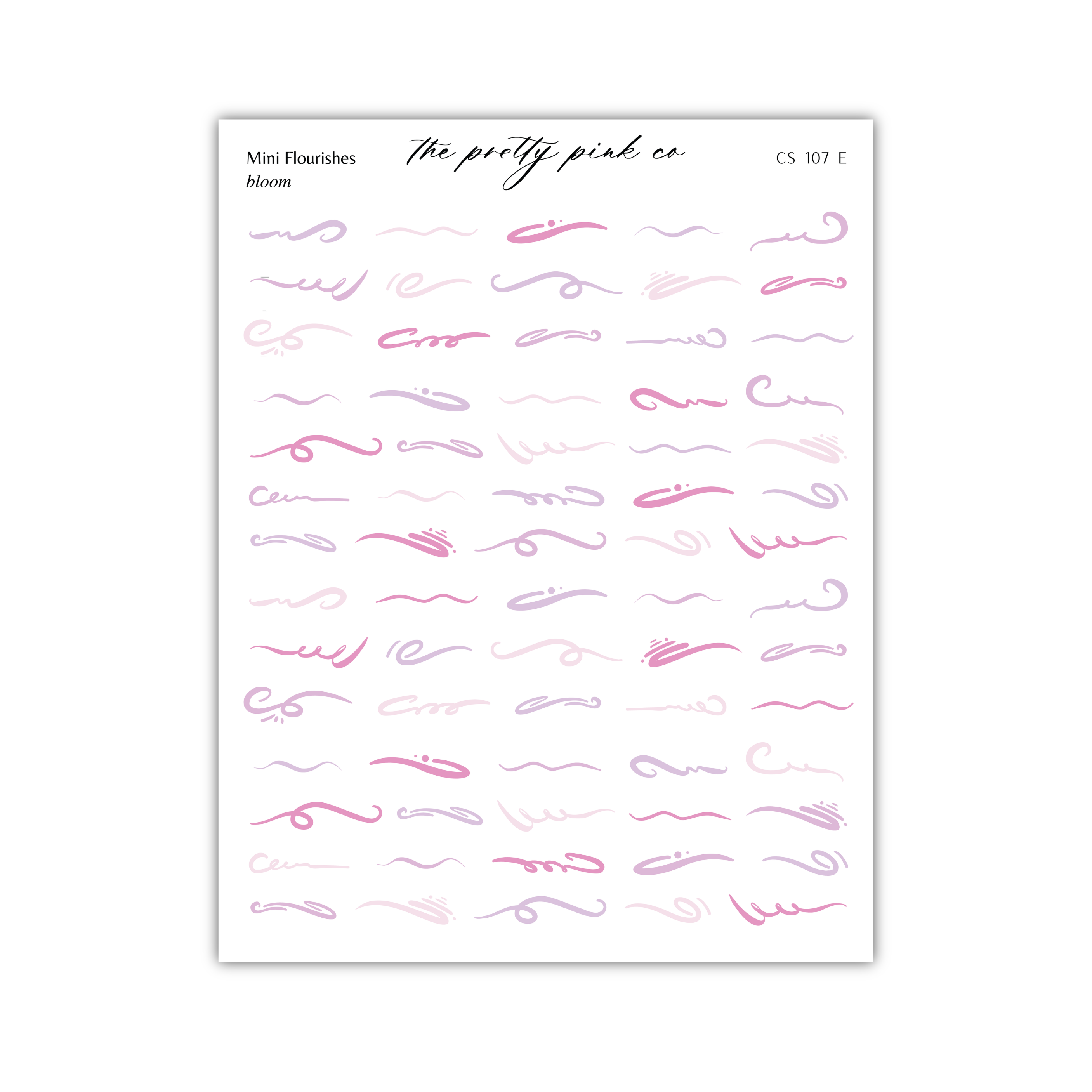 a collection of various hand-drawn cursive designs in shades of pink and purple.
