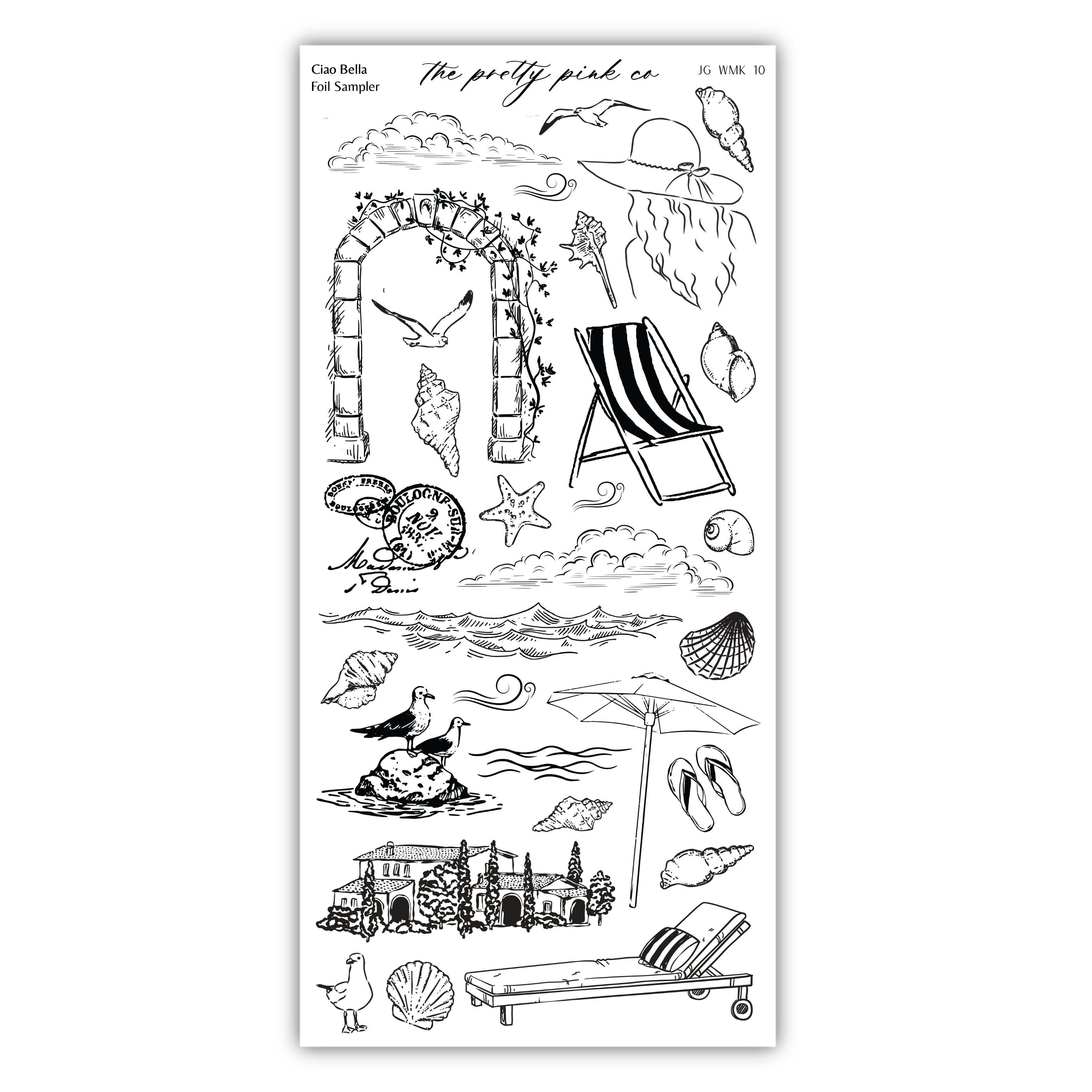 various black and white illustrations of beach-related objects and scenes, including a beach umbrella, a beach chair, seashells, a bird, and a castle.