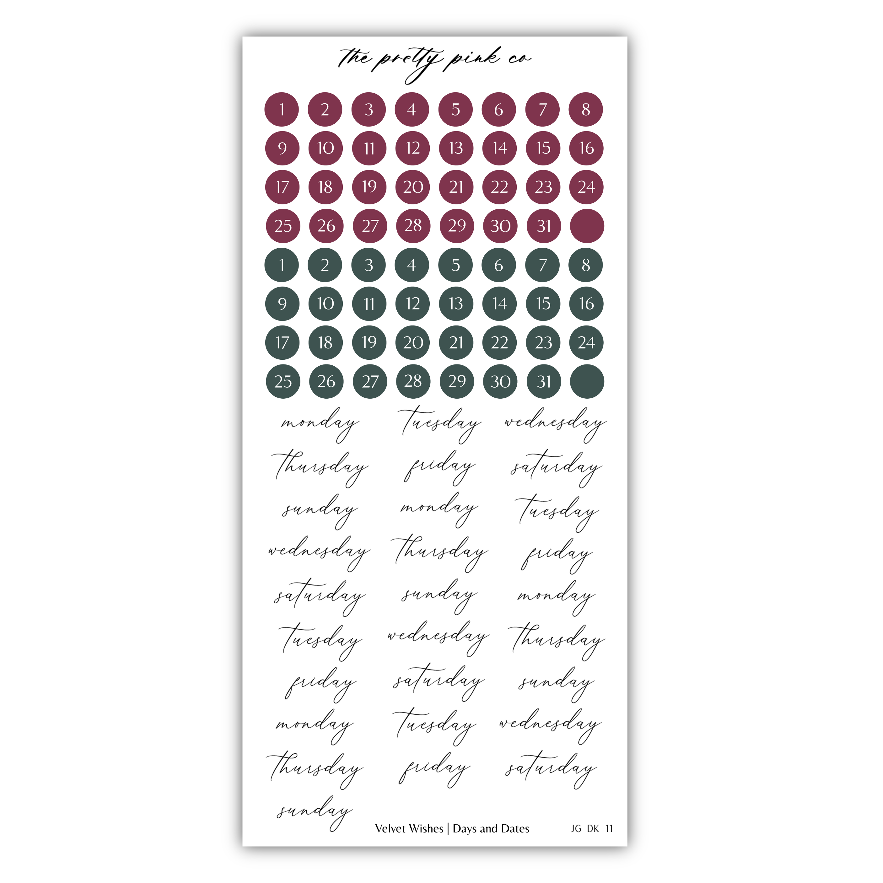 The image is a calendar with a grid of days and dates, and a list of days and dates written in cursive.