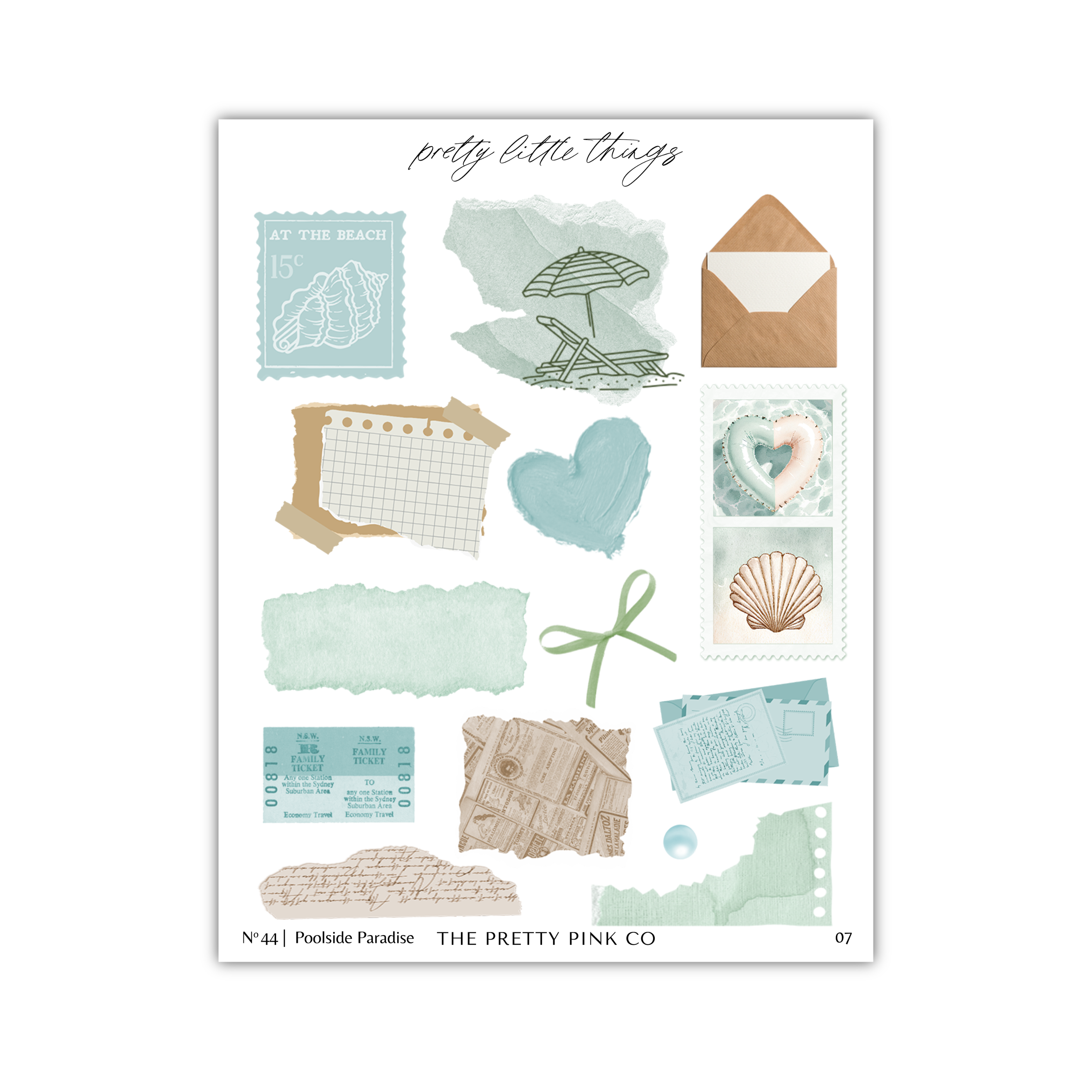 The image is a collage of various elements, including a seashell, an envelope, a heart, a shell, a paper, and other decorative items, all set against a light blue background.