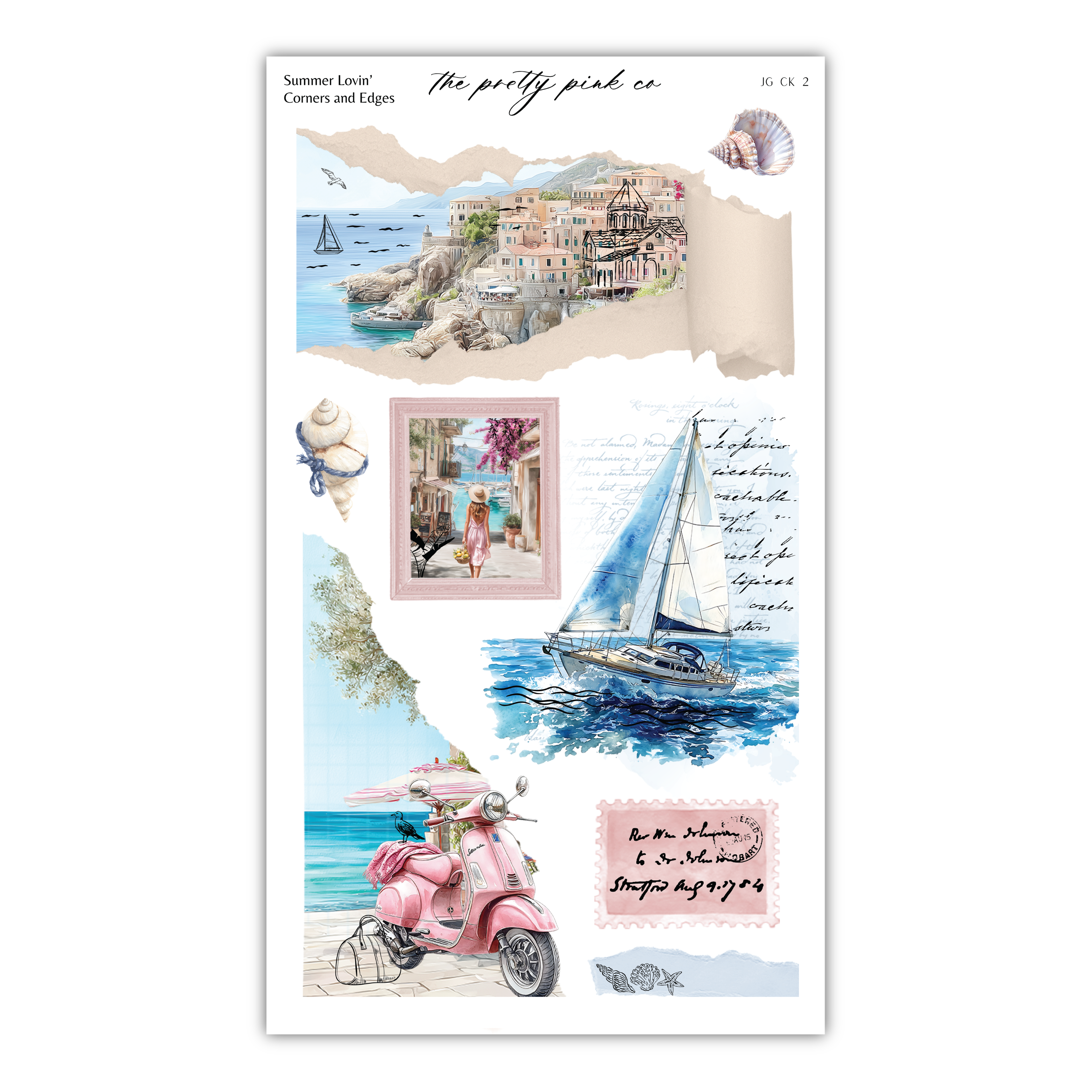 The image is a collage of various pictures and illustrations, including a coastal scene, a sailboat, a pink moped, and other elements that evoke a sense of summer and travel.