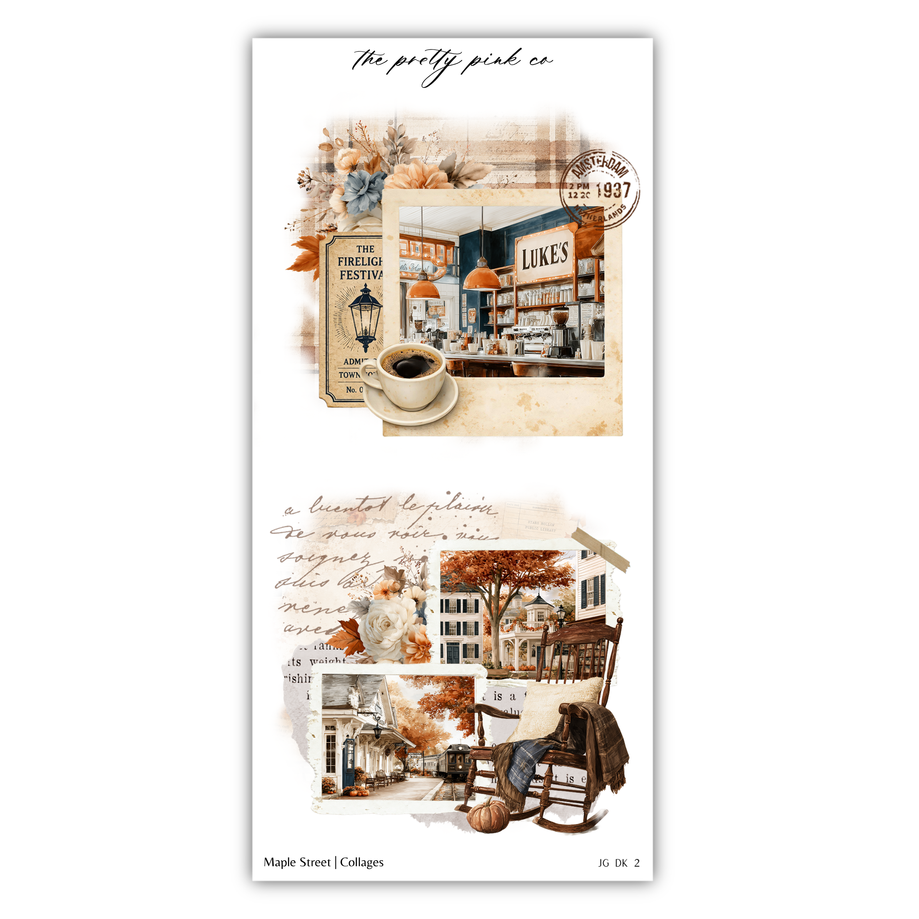 The image is a collage of various autumn-themed scenes, including a cozy coffee shop, a person sitting in a rocking chair, and a scenic street view.