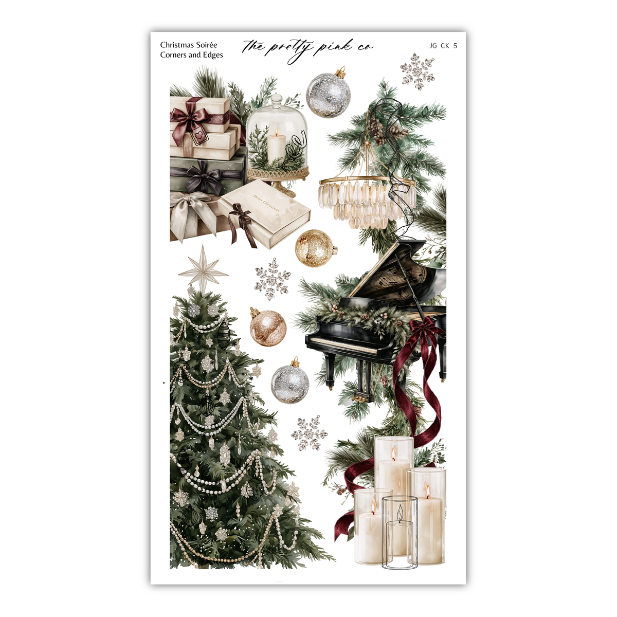 The image is a collage of various Christmas-themed items, including a decorated Christmas tree, presents, ornaments, a chandelier, and a grand piano.