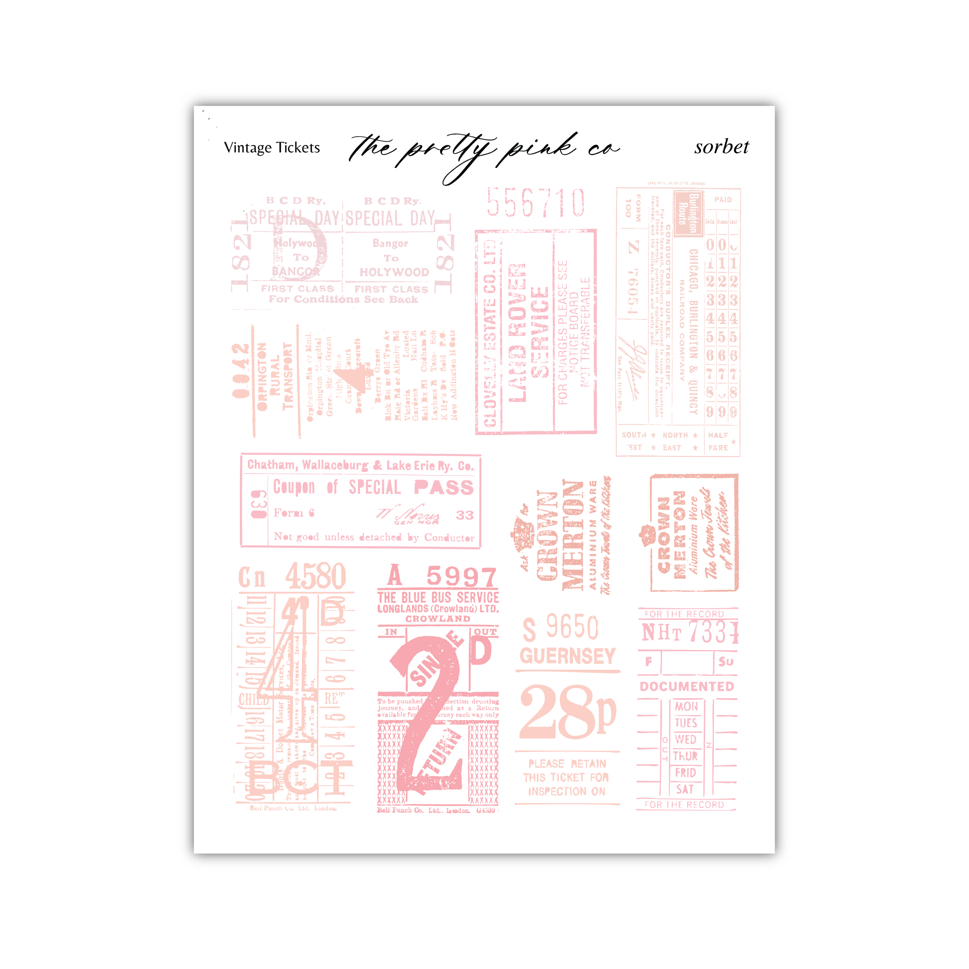 a collection of vintage-style tickets and passes, with various text elements and numbers. The tickets appear to be from different eras and are printed in a pinkish-red color. The text includes information about ticket prices, dates, and other details related to ticket purchases and travel.
