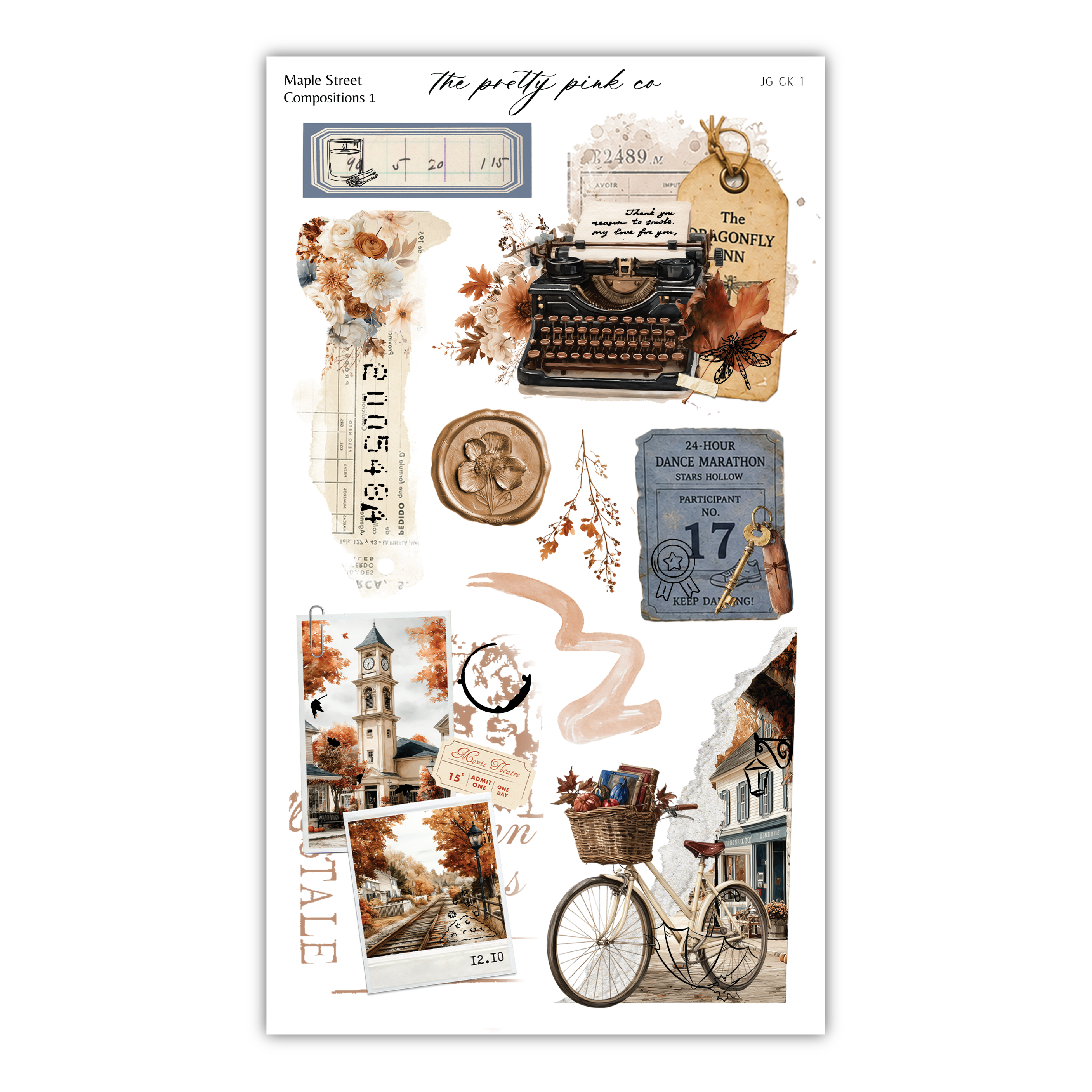 The image is a collage of various vintage-style photographs and objects, including a typewriter, a bicycle, a clock, and other decorative elements, all arranged in a visually appealing manner.