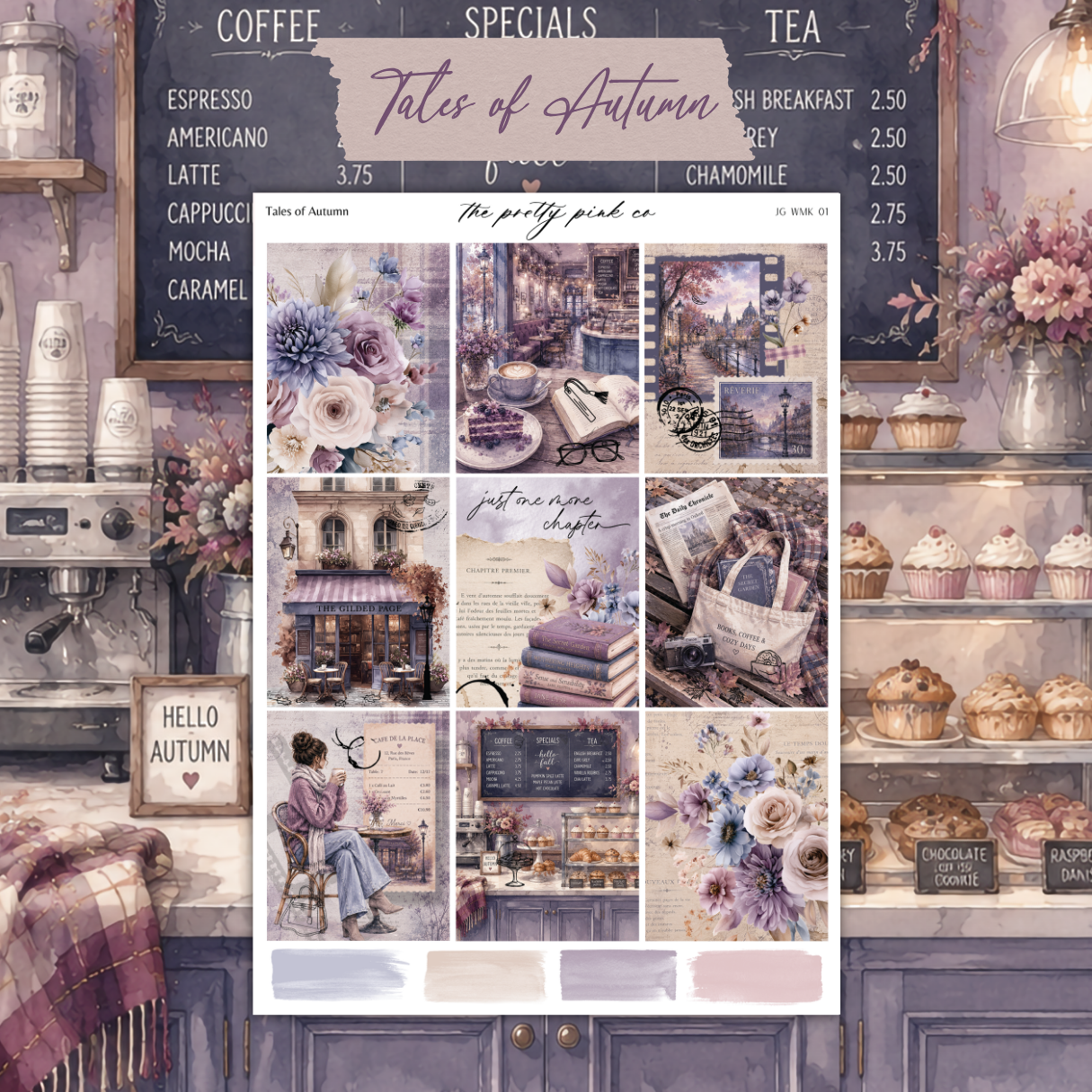 The image is a collage of various scenes and objects, including a coffee shop, flowers, books, and pastries, all set against a purple and white color scheme.