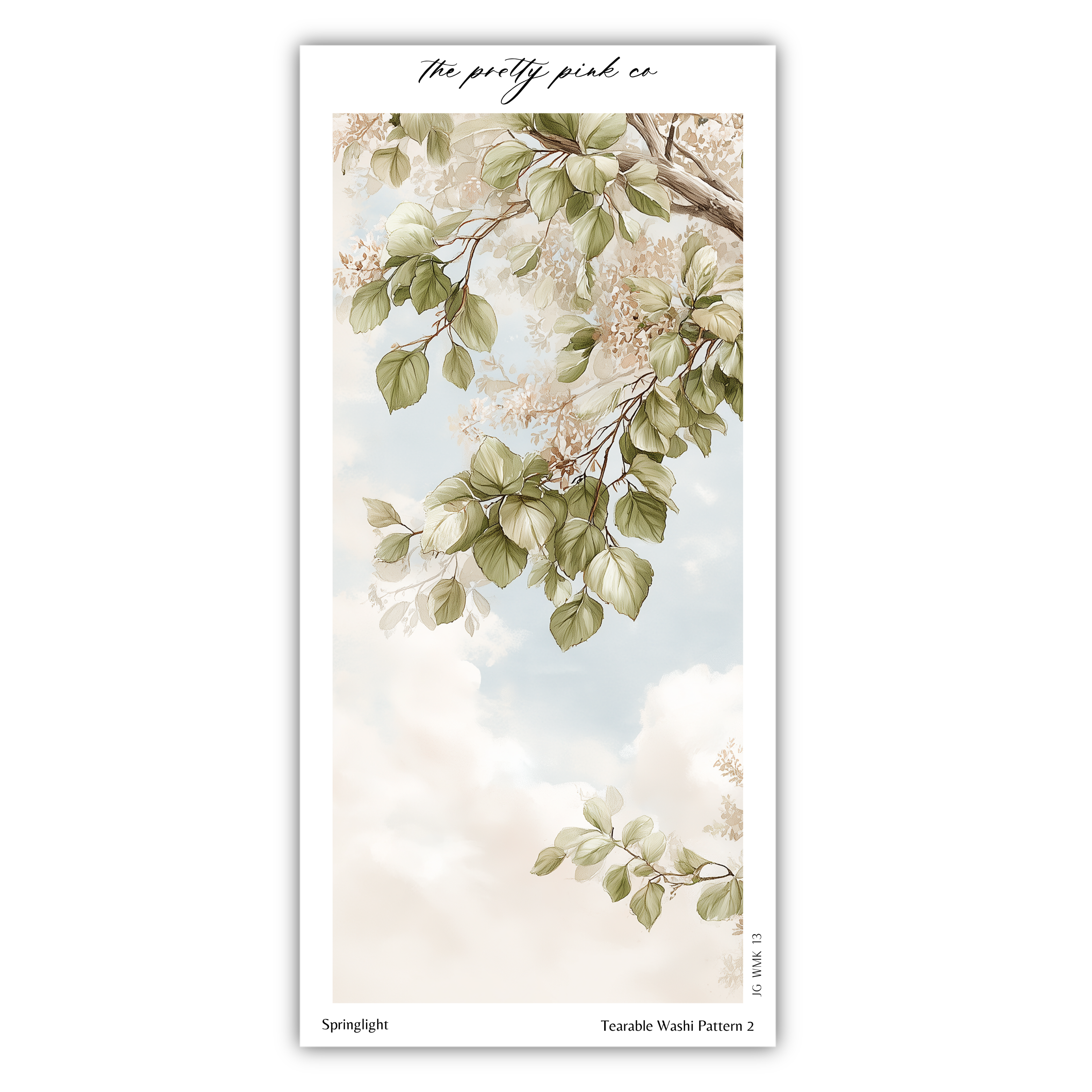 a branch of a tree with green leaves and white flowers against a cloudy sky background.
