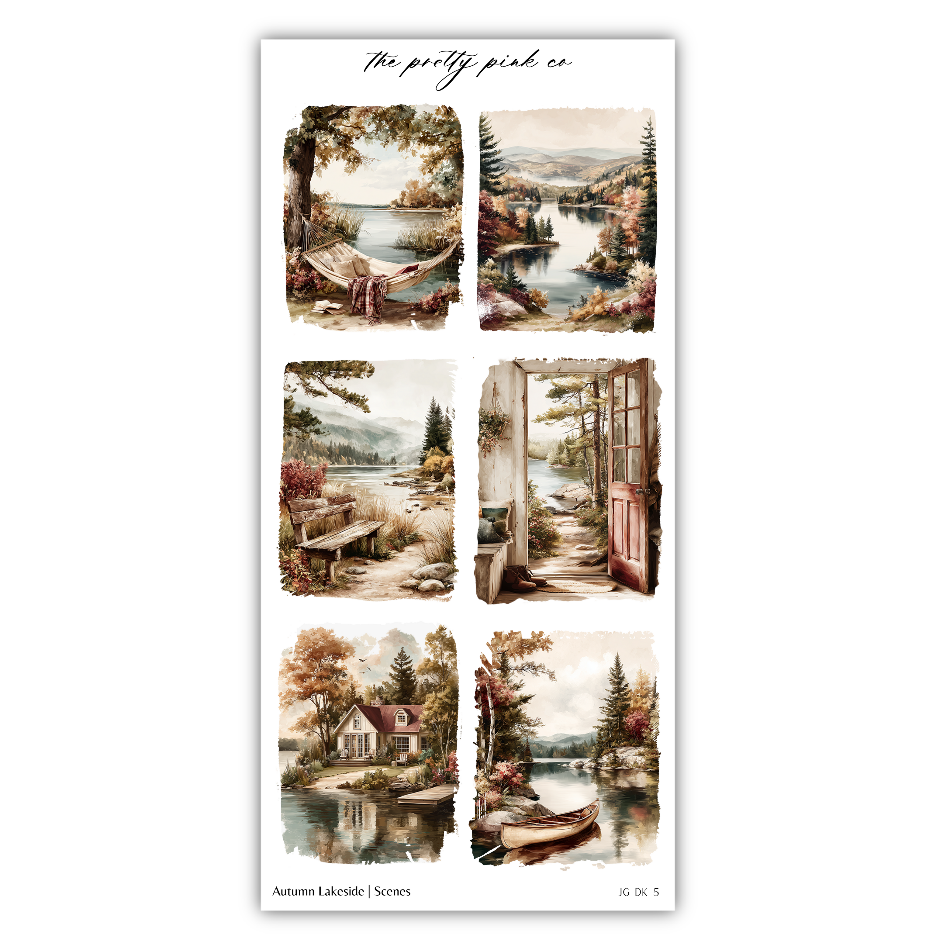 The image is a collage of six pictures depicting various scenes of lakeside landscapes, including a lake, a cabin, and a boat.