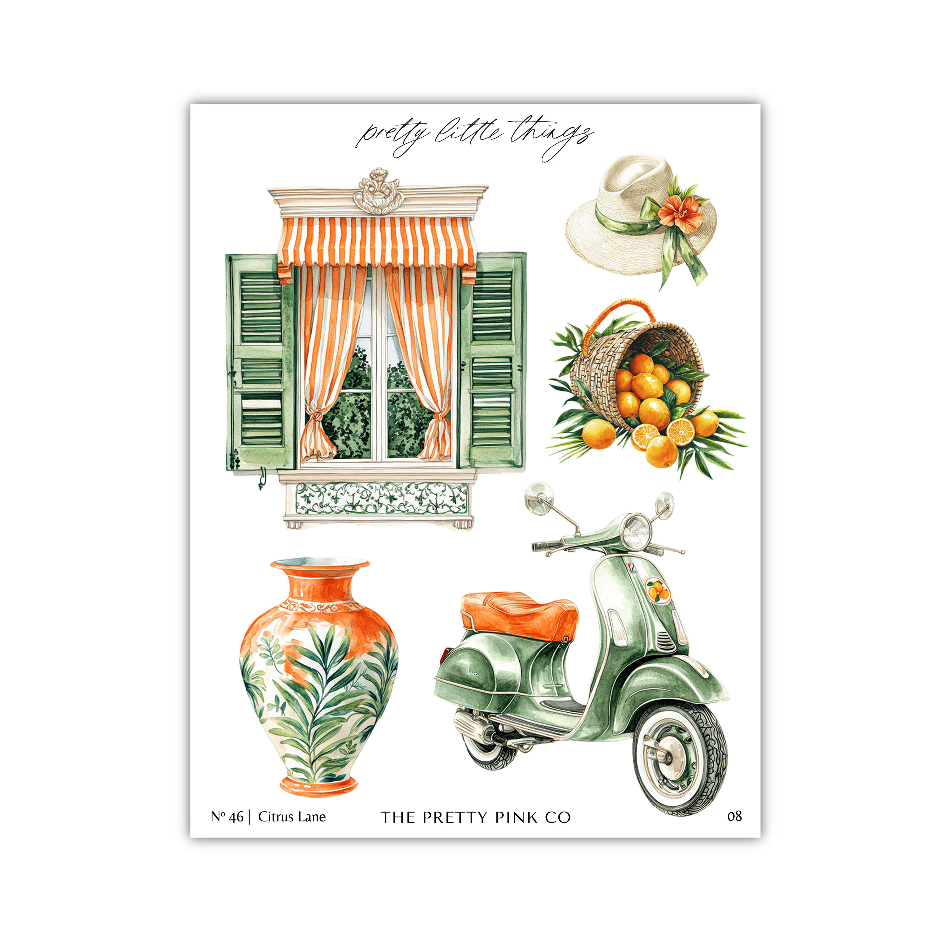 The image is a collage of various objects, including a window with orange and white striped curtains, a basket of oranges, a vase, a scooter, and a hat.