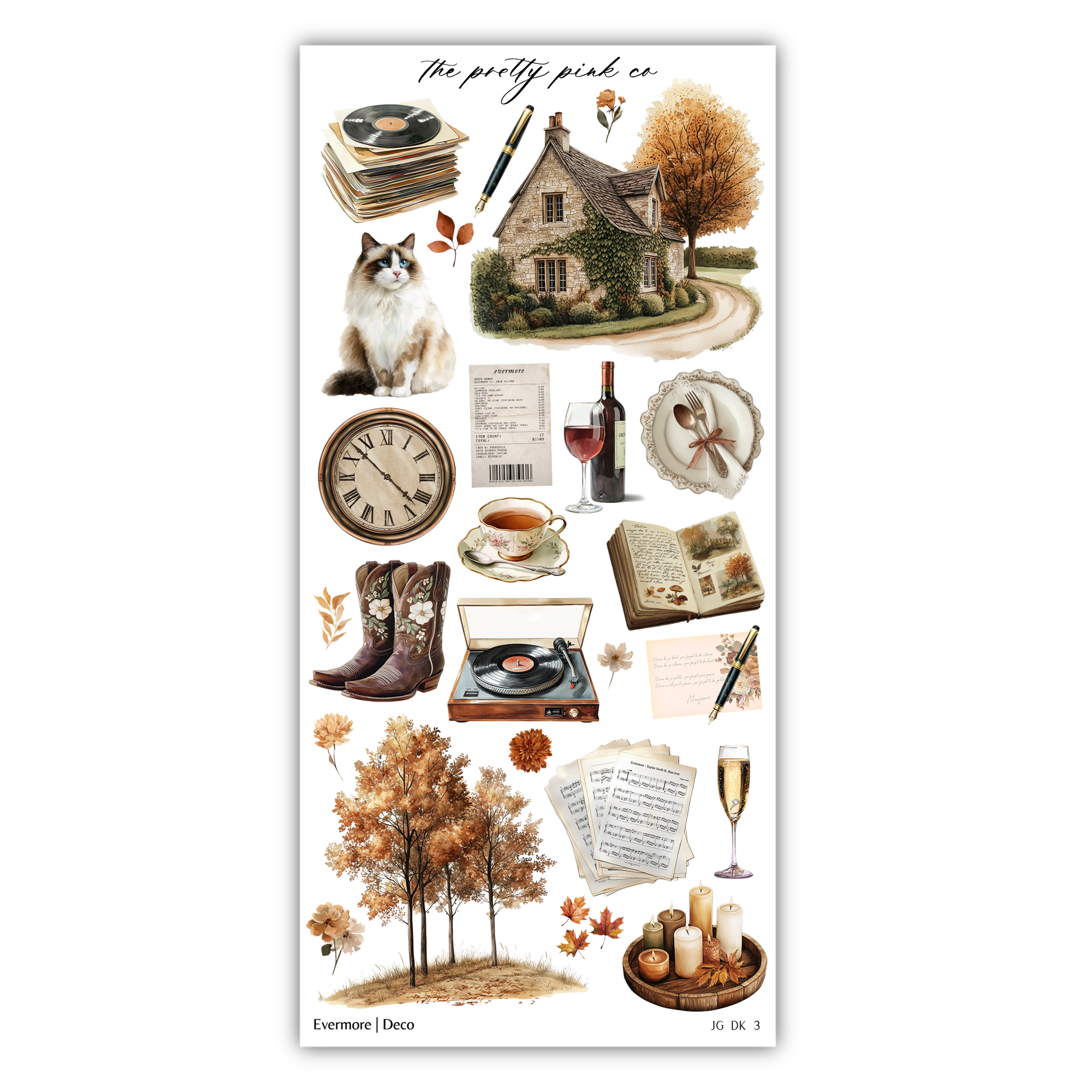 The image is a collage of various autumn-themed items, including a house, a cat, a clock, a wine glass, a book, a vase, a pair of boots, a tree, and a basket of apples.