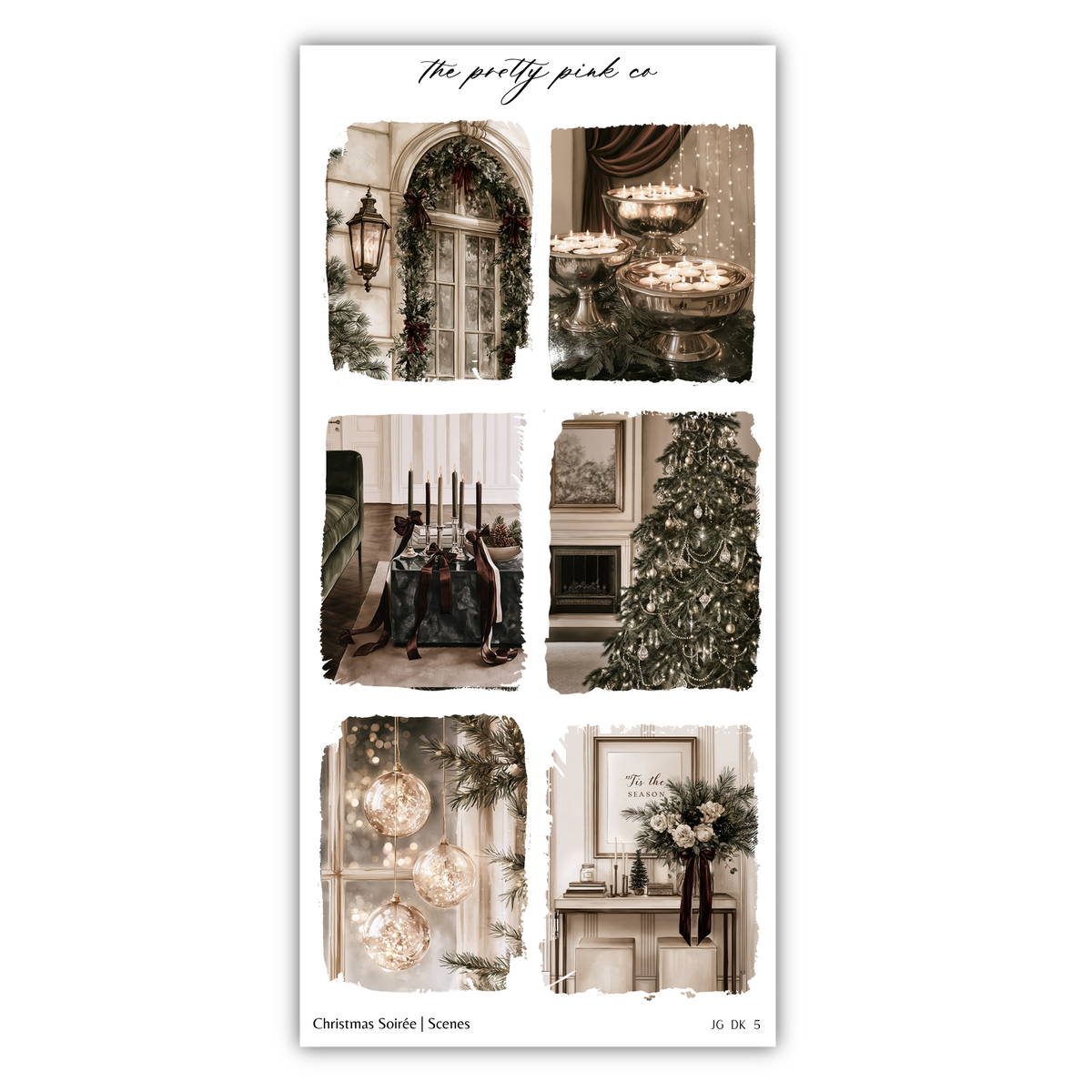 The image is a collage of six different scenes depicting various Christmas-themed decorations and items, including a Christmas tree, ornaments, and other festive elements.