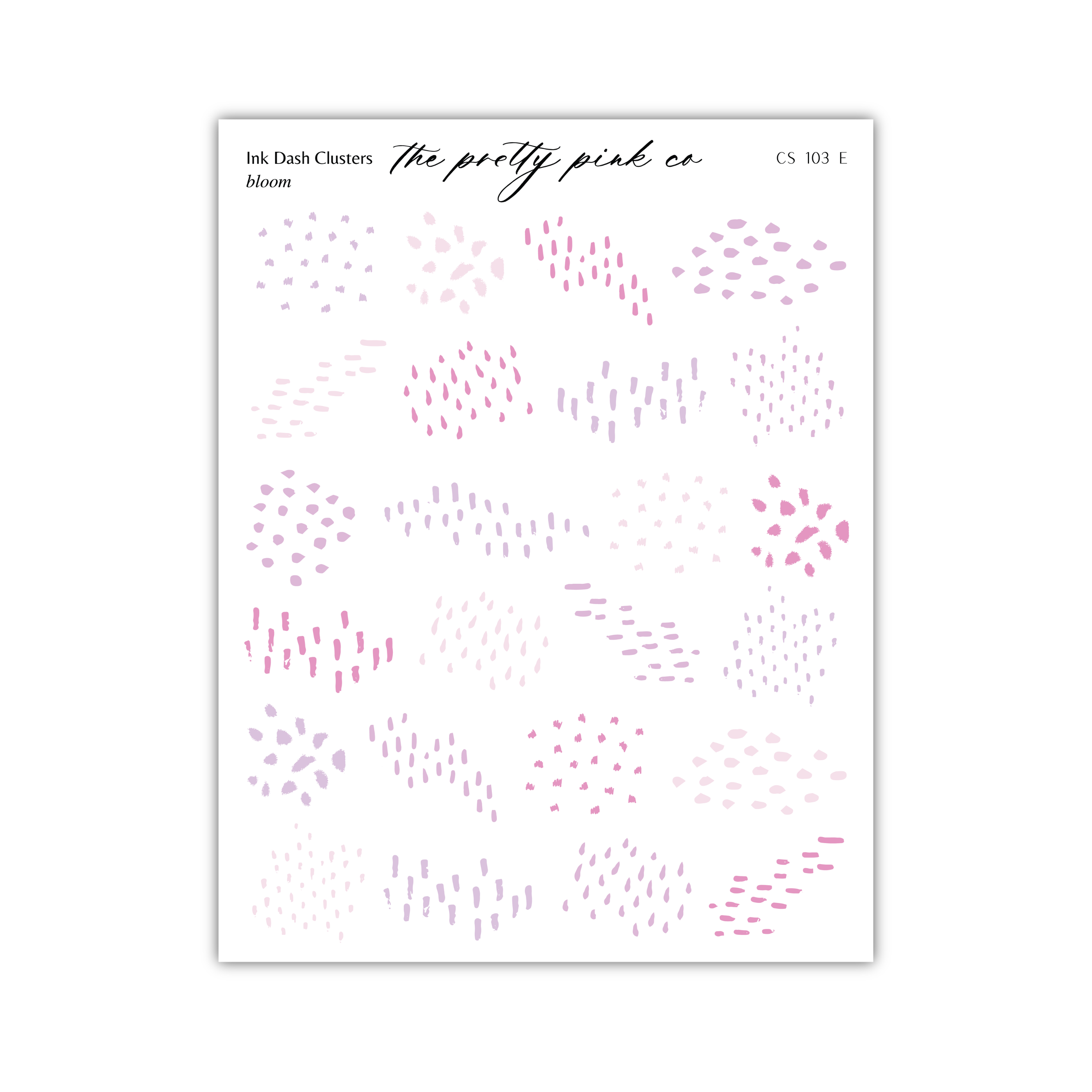 The image is a page from a book or magazine featuring various abstract patterns and designs, including dots, lines, and splatters in different colors such as pink, purple, and gray.
