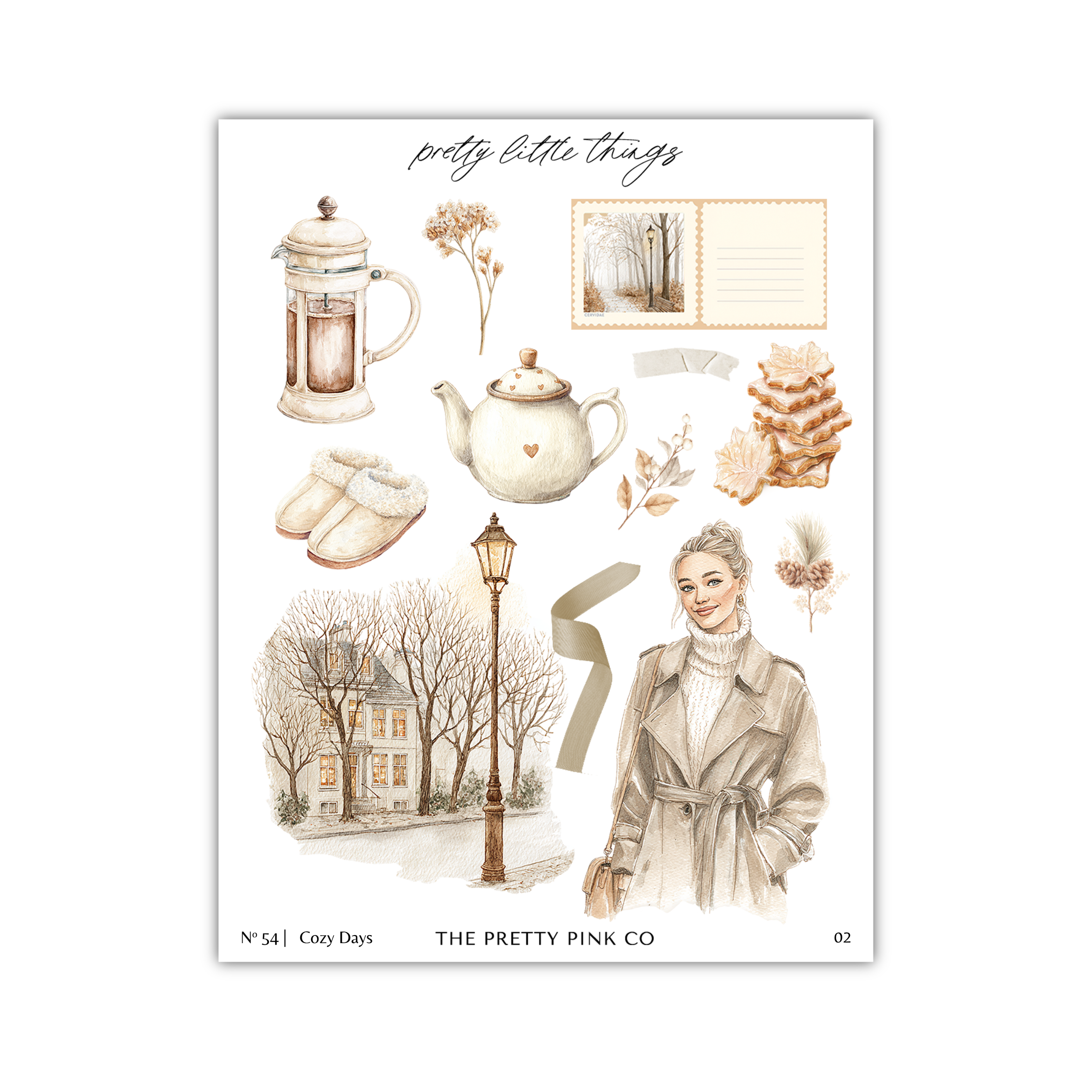 The image is a collage of various objects and scenes, including a teapot, a woman in a coat, a lamp, a house, and trees. The collage is titled "pretty little things" and includes a caption that reads "The pretty pink co".