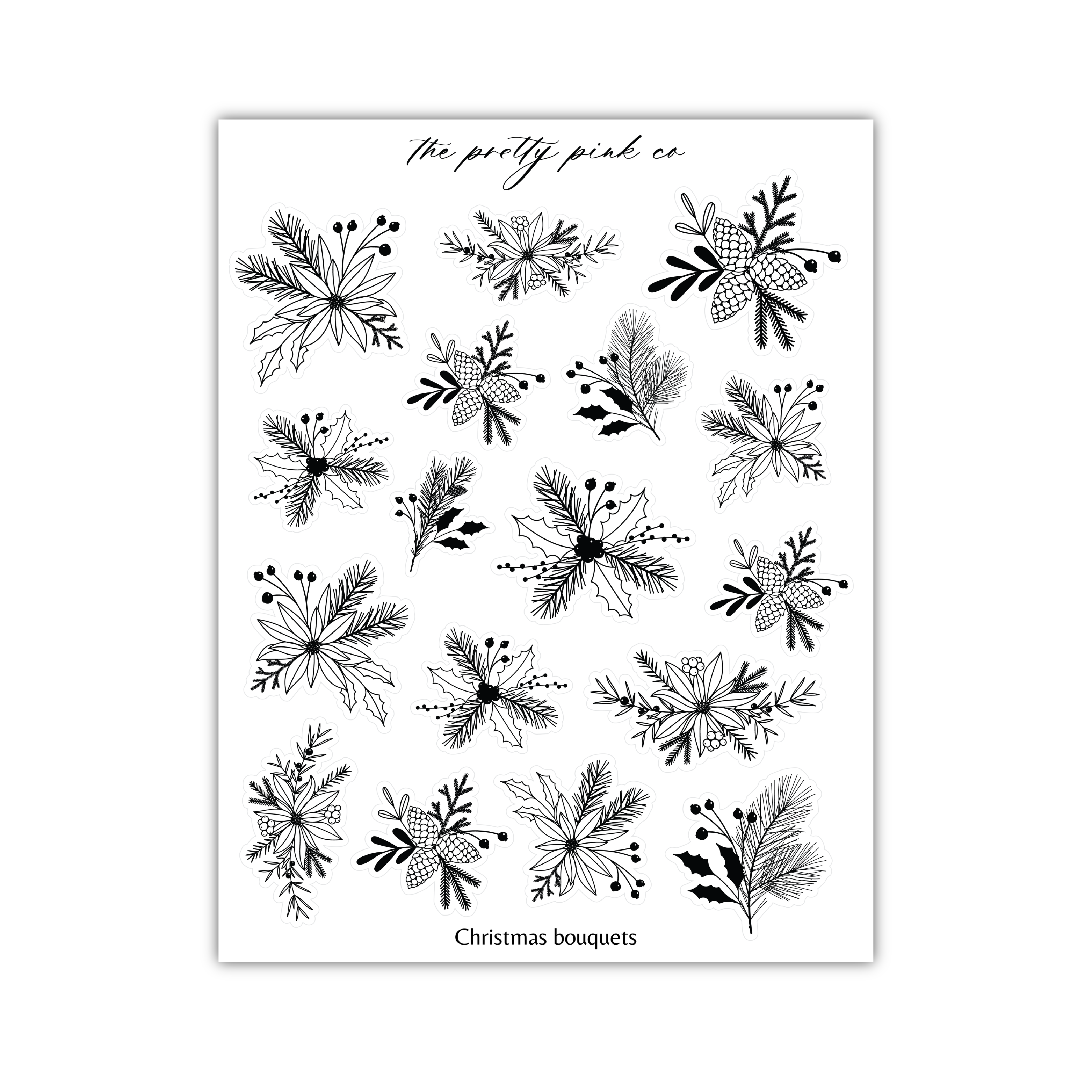 a sheet of black and white christmas flowers on a white background