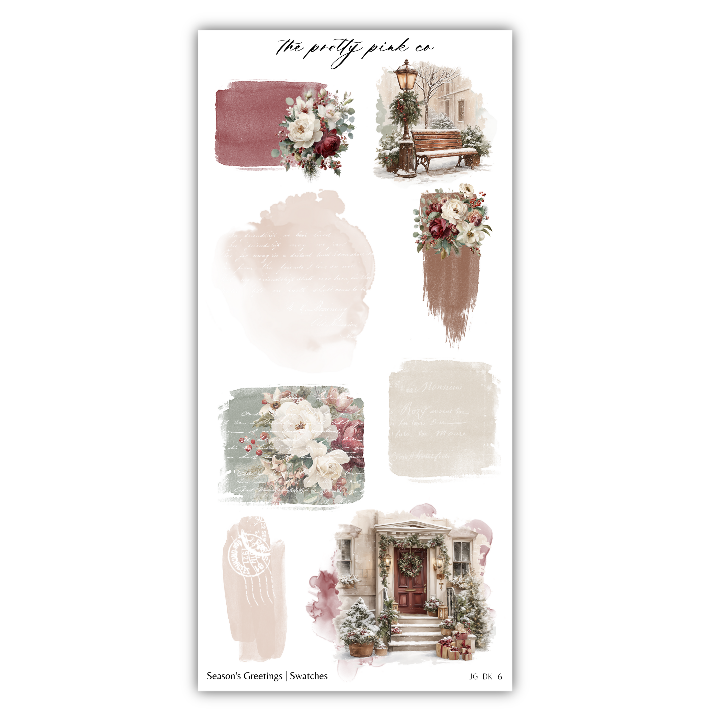 various floral and architectural elements, including a bench, a building, and a wreath, all set against a white background.