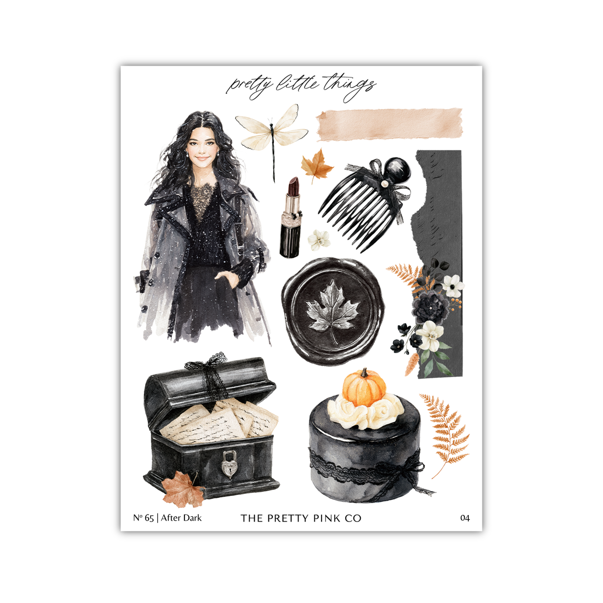 The image is a collage of various fashion and beauty-related items, including a woman, a butterfly, a hairbrush, a makeup palette, a dress, a chest, a cake, and autumn leaves.