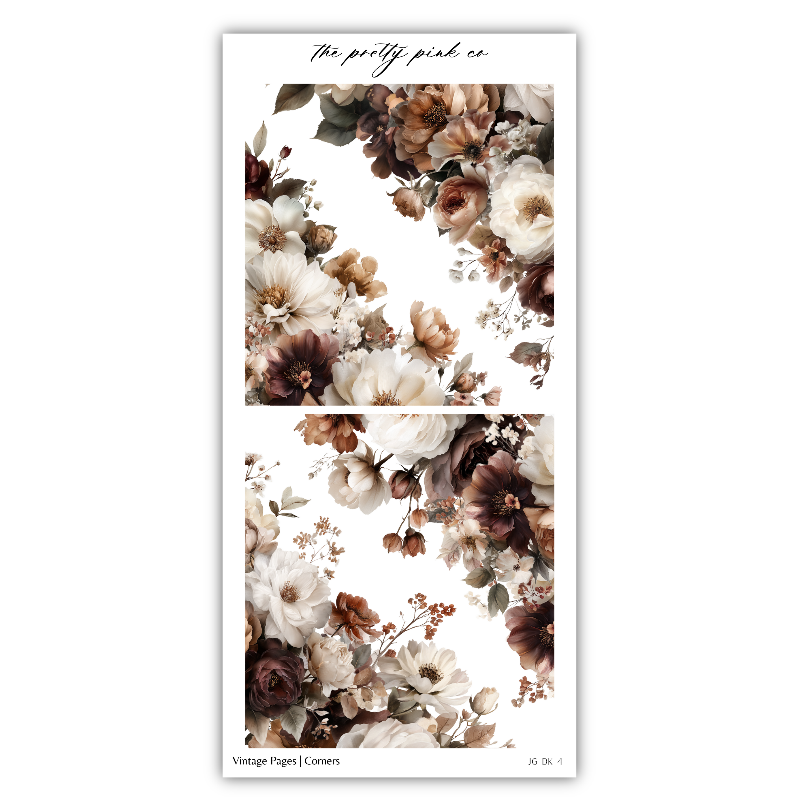 The image is a collage of two floral images, featuring a variety of flowers in shades of brown, white, and pink. The images are arranged in a vertical orientation, with the top image slightly overlapping the bottom one. The collage is titled "The pretty pink co" and includes the text "Vintage Pages / Corners" at the bottom.