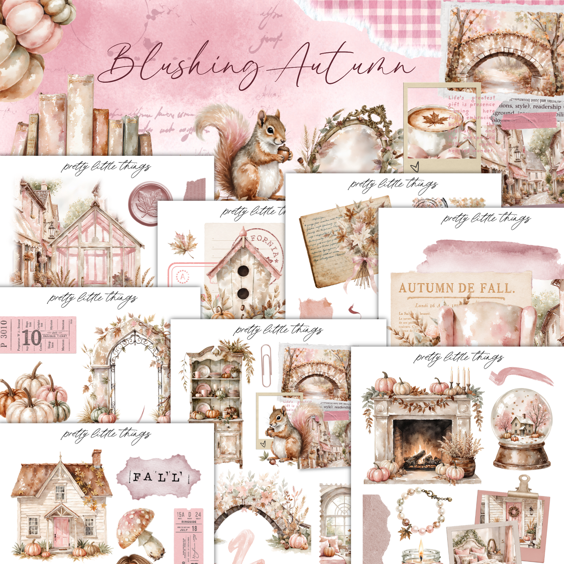 The image is a collage of various autumn-themed elements, including a squirrel, pumpkins, a fireplace, and other seasonal decorations. The collage is titled "Blushing Autumn" and includes text that describes the elements in the image, such as "pasty little things" and "Autumn de Fall".