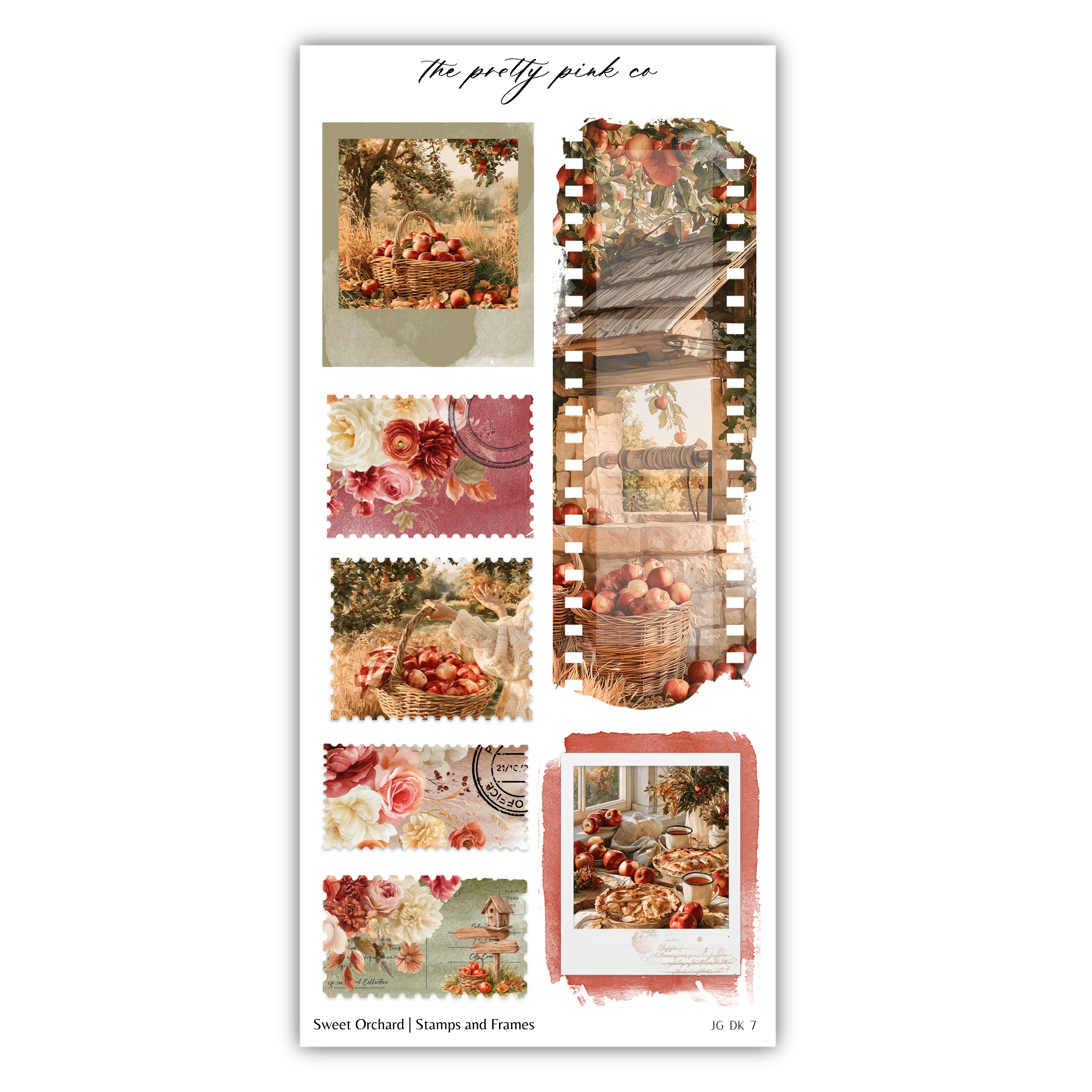 The image is a collage of various images, including a close-up of a basket of apples, a close-up of a flower, and a close-up of a basket of apples. The collage also includes a close-up of a basket of apples, a close-up of a flower, and a close-up of a basket of apples. The collage is titled "Sweet Orchard / Stamps and Frames" and includes a stamp and a frame.