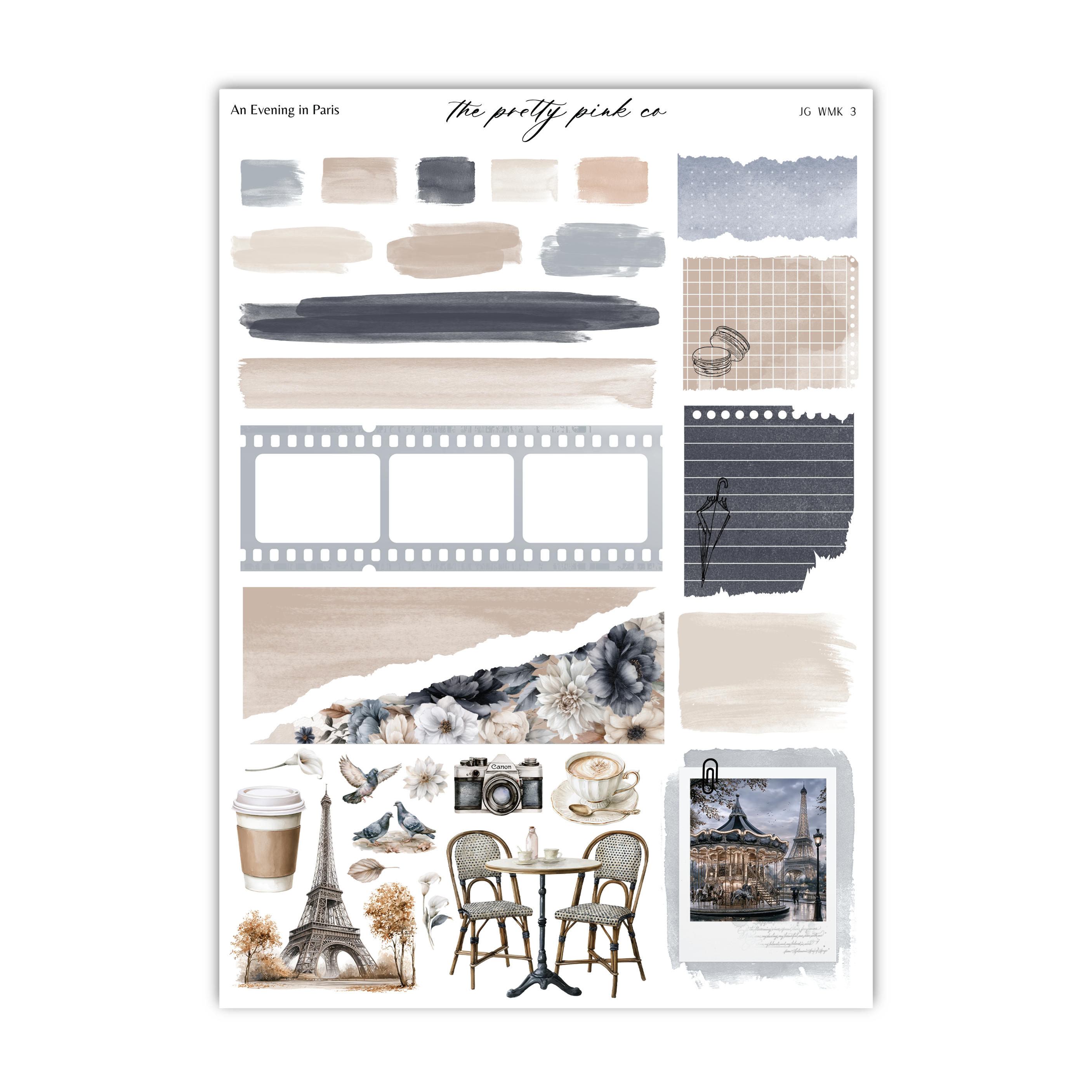 The image is a collage of various elements related to Paris, including a film strip, a coffee cup, a chair, a building, and a photograph.