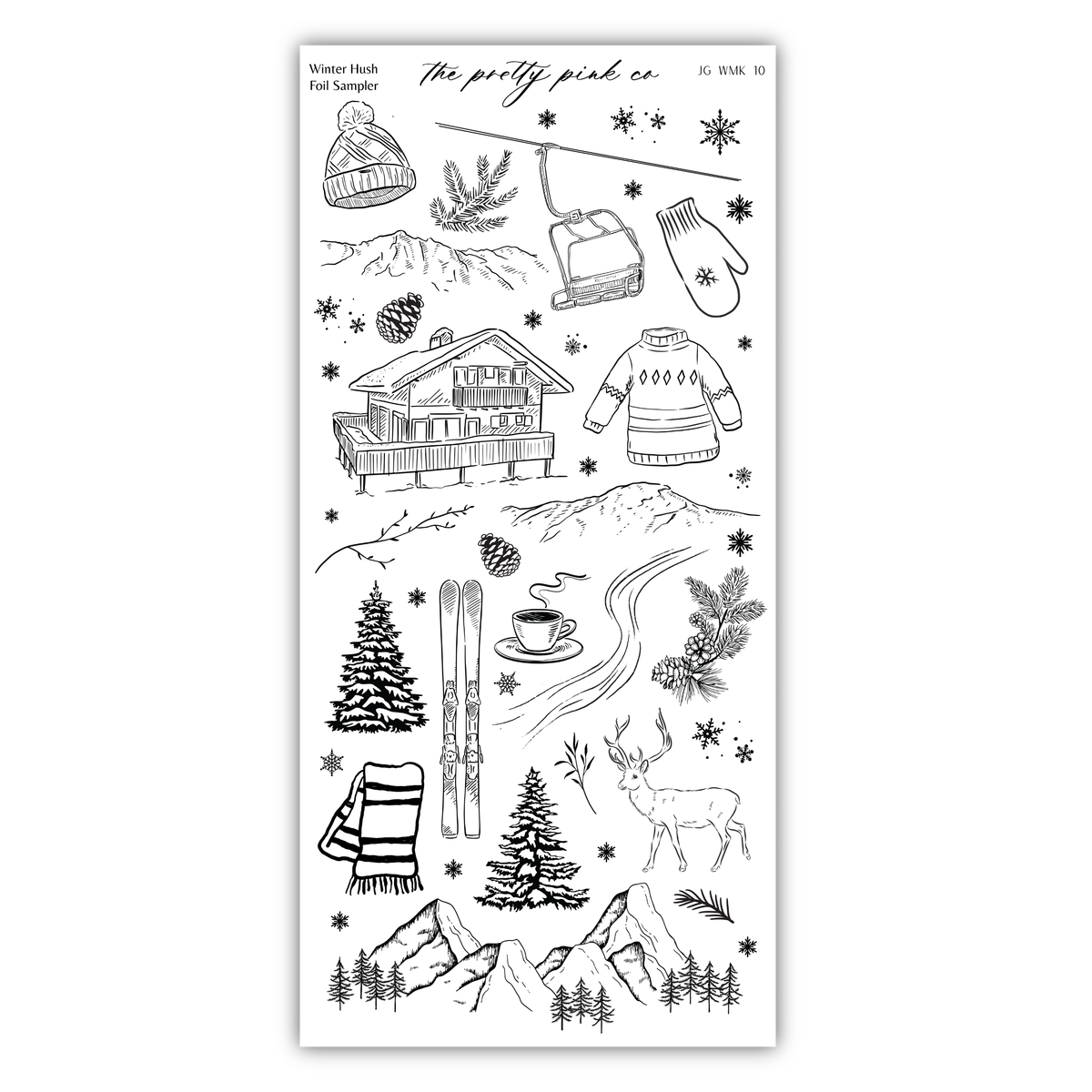 various winter-themed illustrations, including a ski lift, a cabin, a snowman, a hot beverage, a reindeer, pine trees, and mountains.