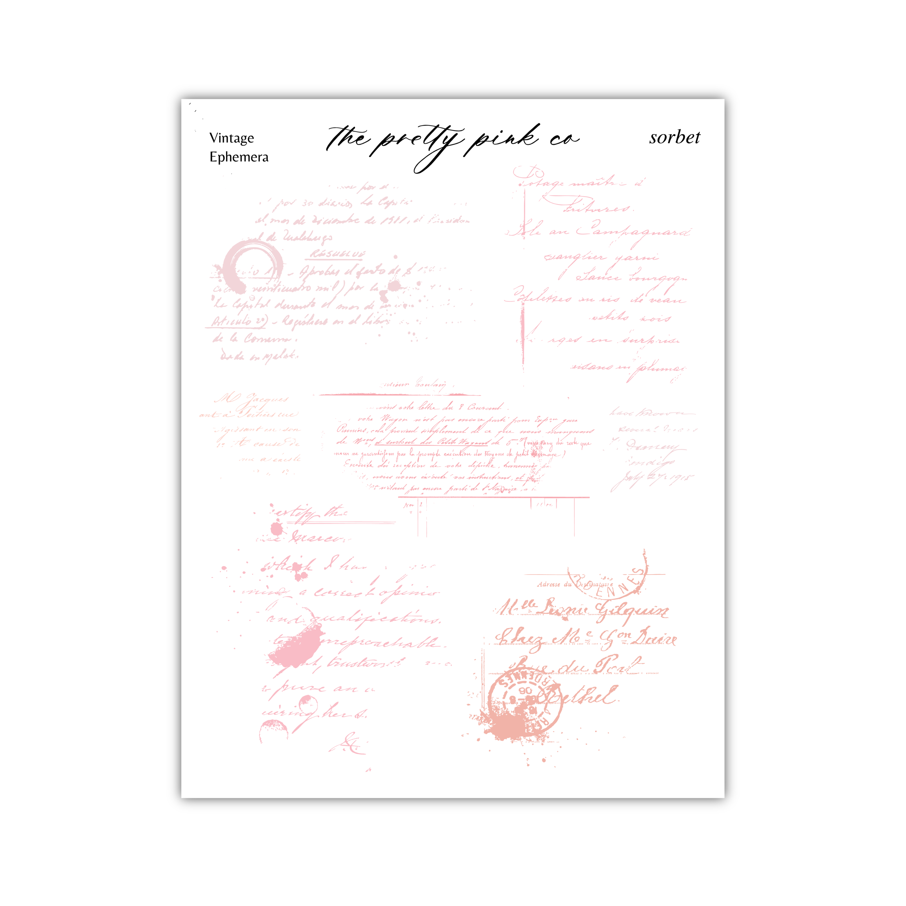 handwritten text and various decorative elements, such as stamps and splatters, in a pink and white color scheme. The text appears to be in a cursive or handwritten style, and the overall layout suggests it is a collage or multiple images. The phrase "The pretty pink co" is visible, but it is not clear enough to transcribe accurately.